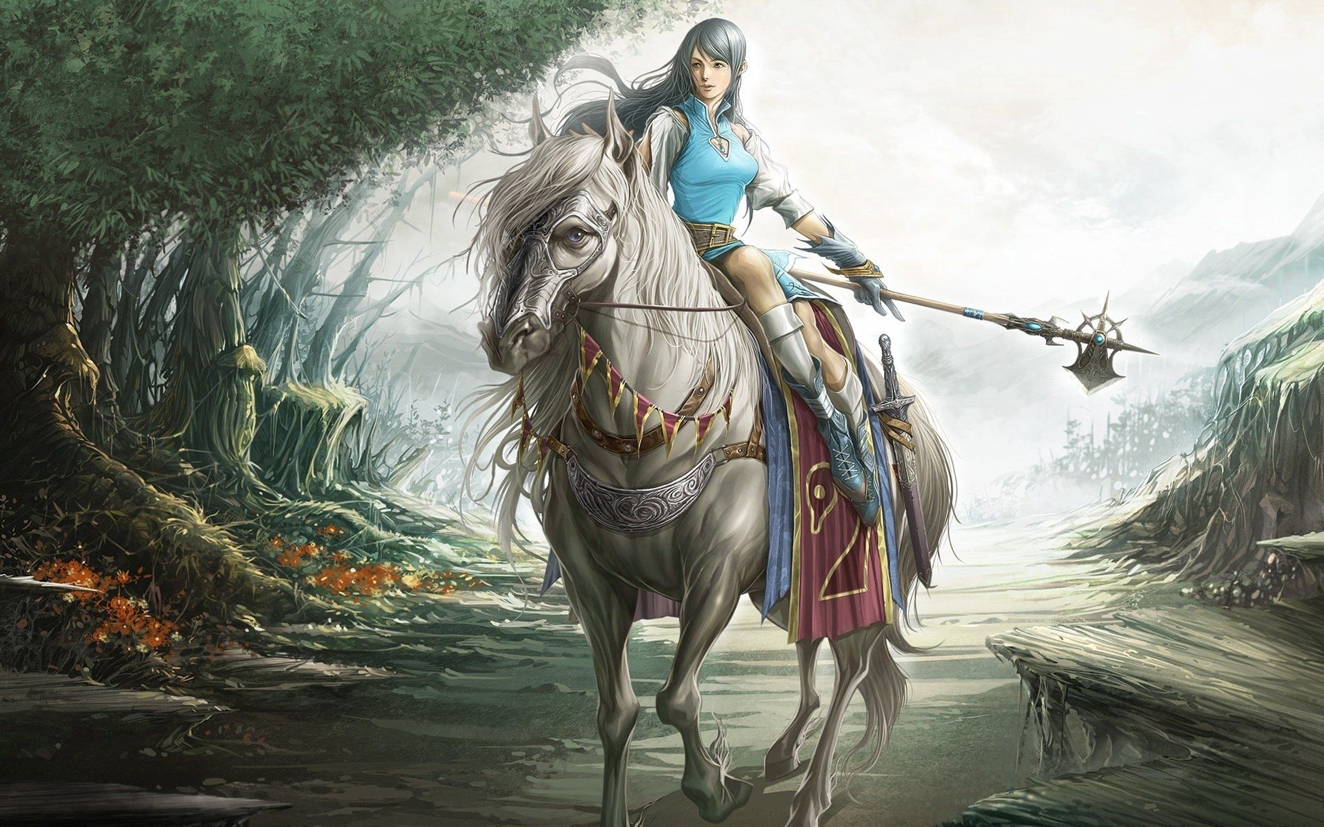 Free download wallpaper Fantasy, Trees, Road, Warrior, Weapon, Girl, Horse on your PC desktop