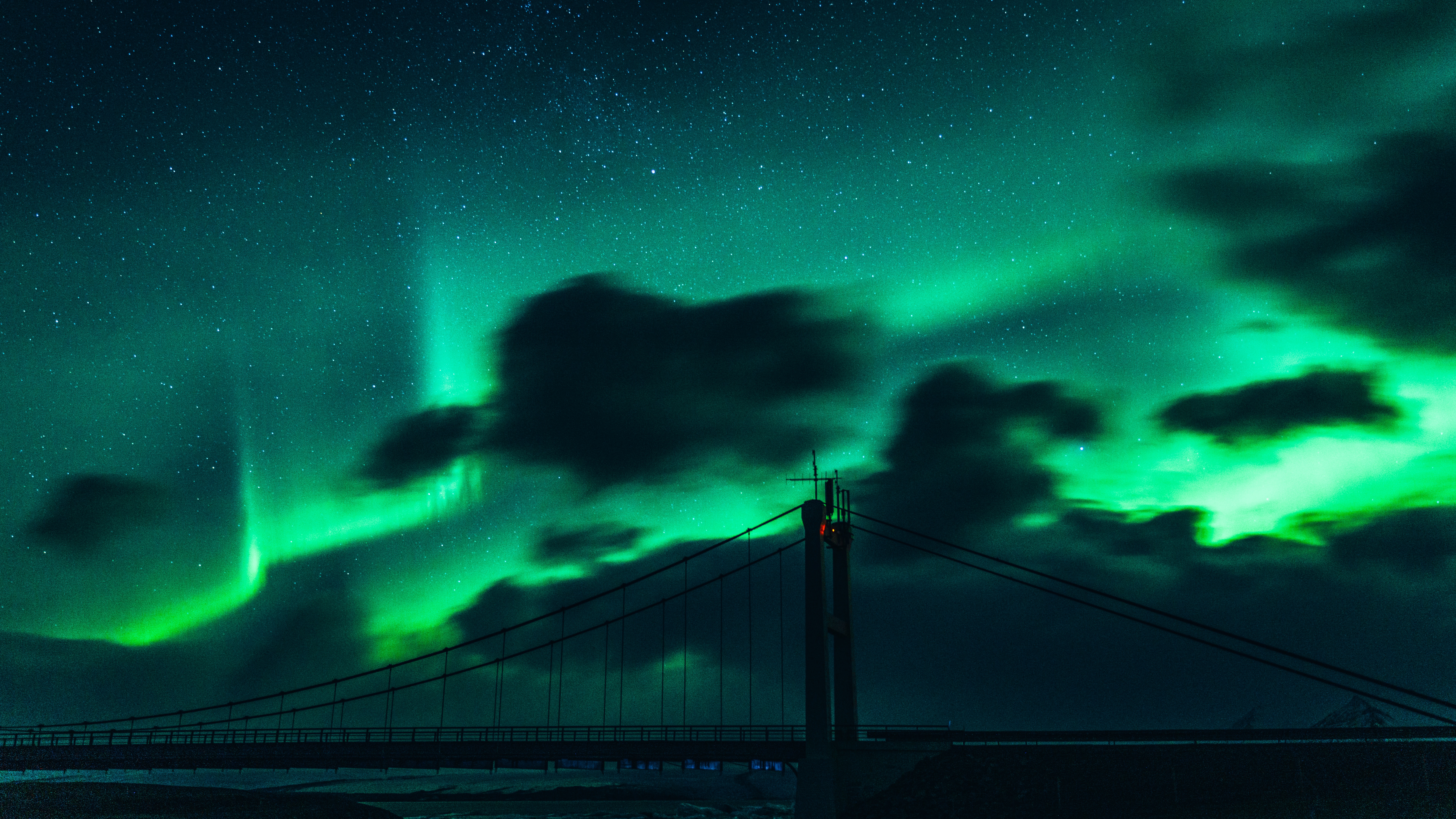 aurora borealis, night, clouds, dark, bridge, northern lights download HD wallpaper
