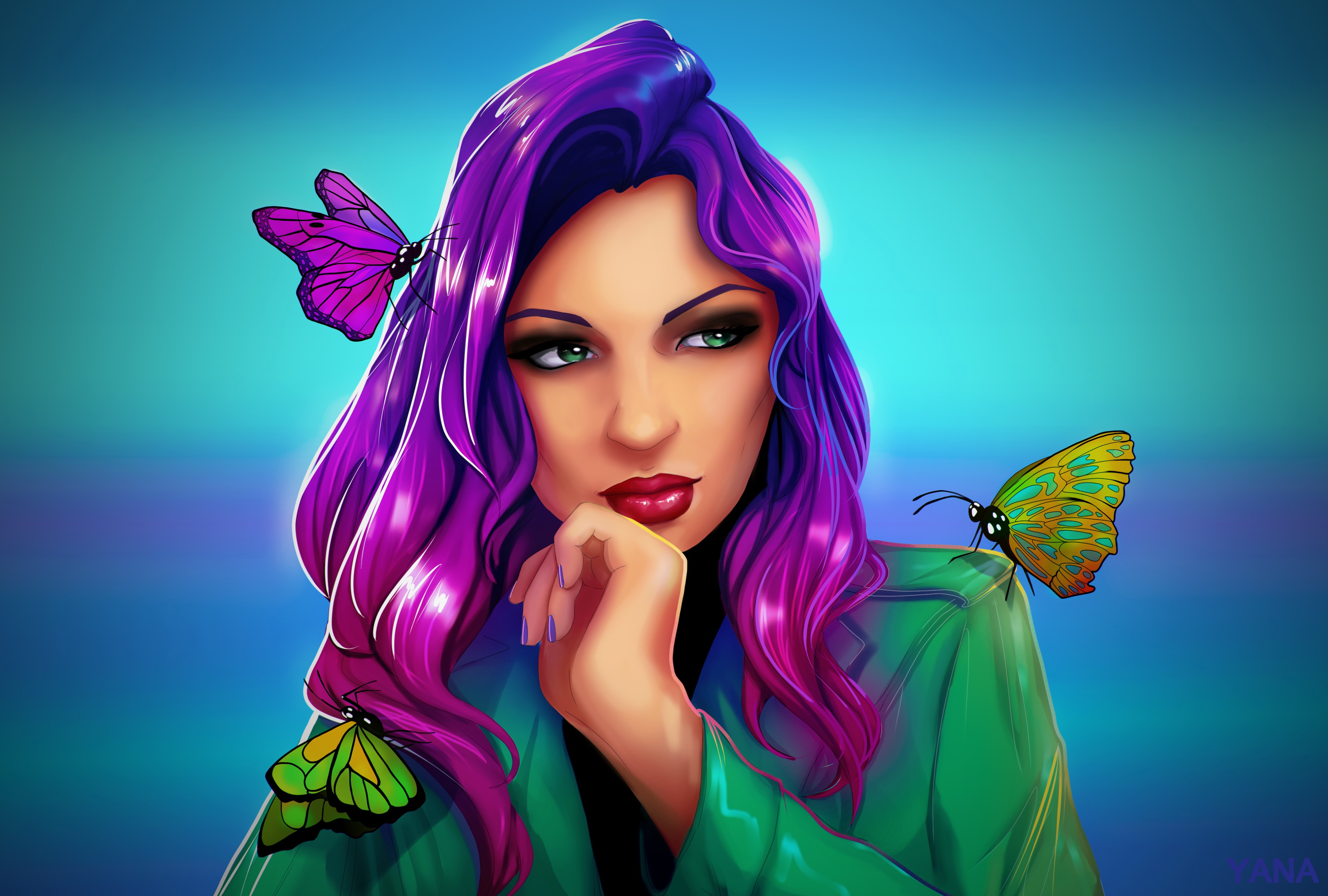 無料モバイル壁紙蝶, 芸術的, 顔, 女性, 緑の目, 口紅, 紫髪をダウンロードします。
