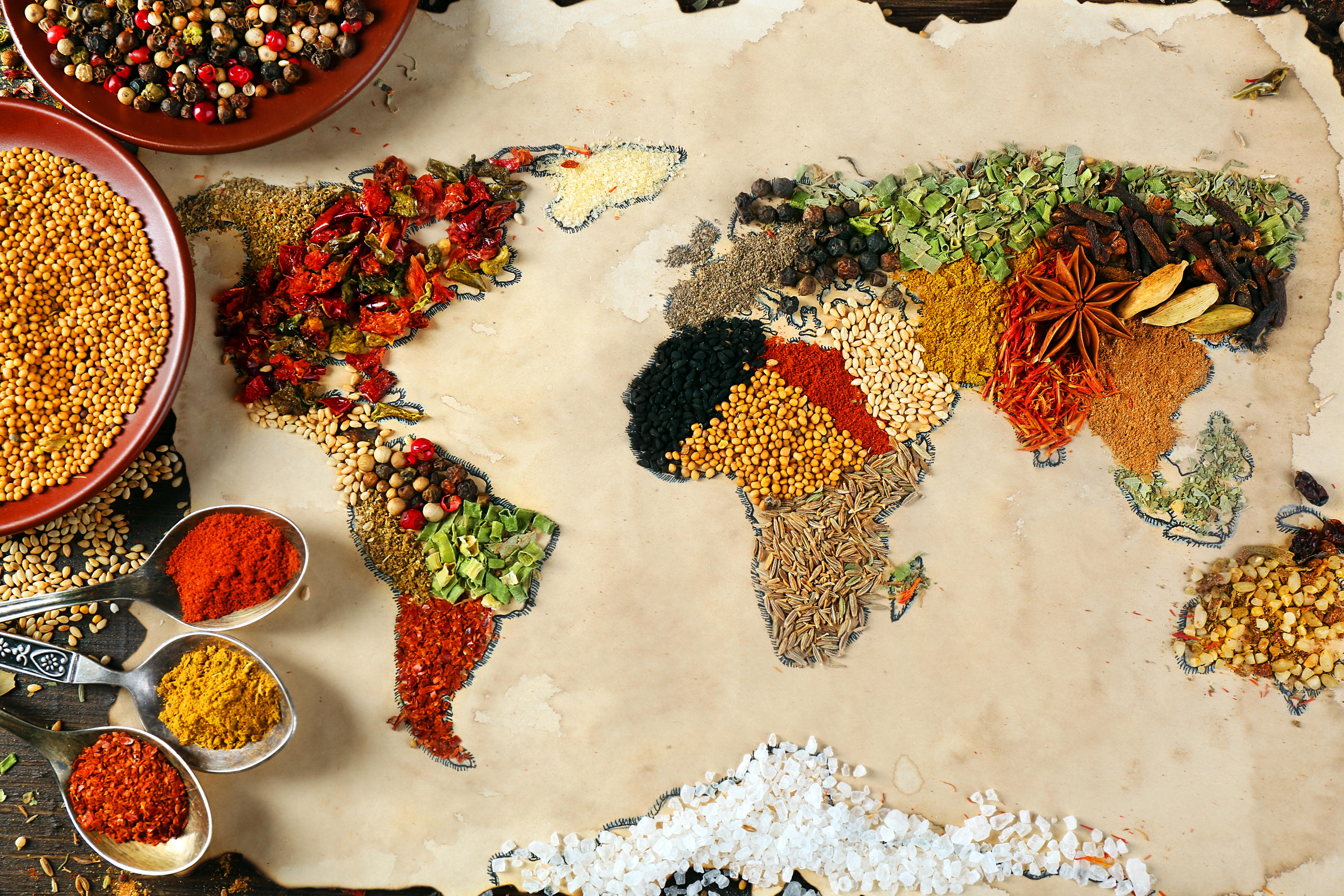 spices, herbs and spices, world map, food Phone Background
