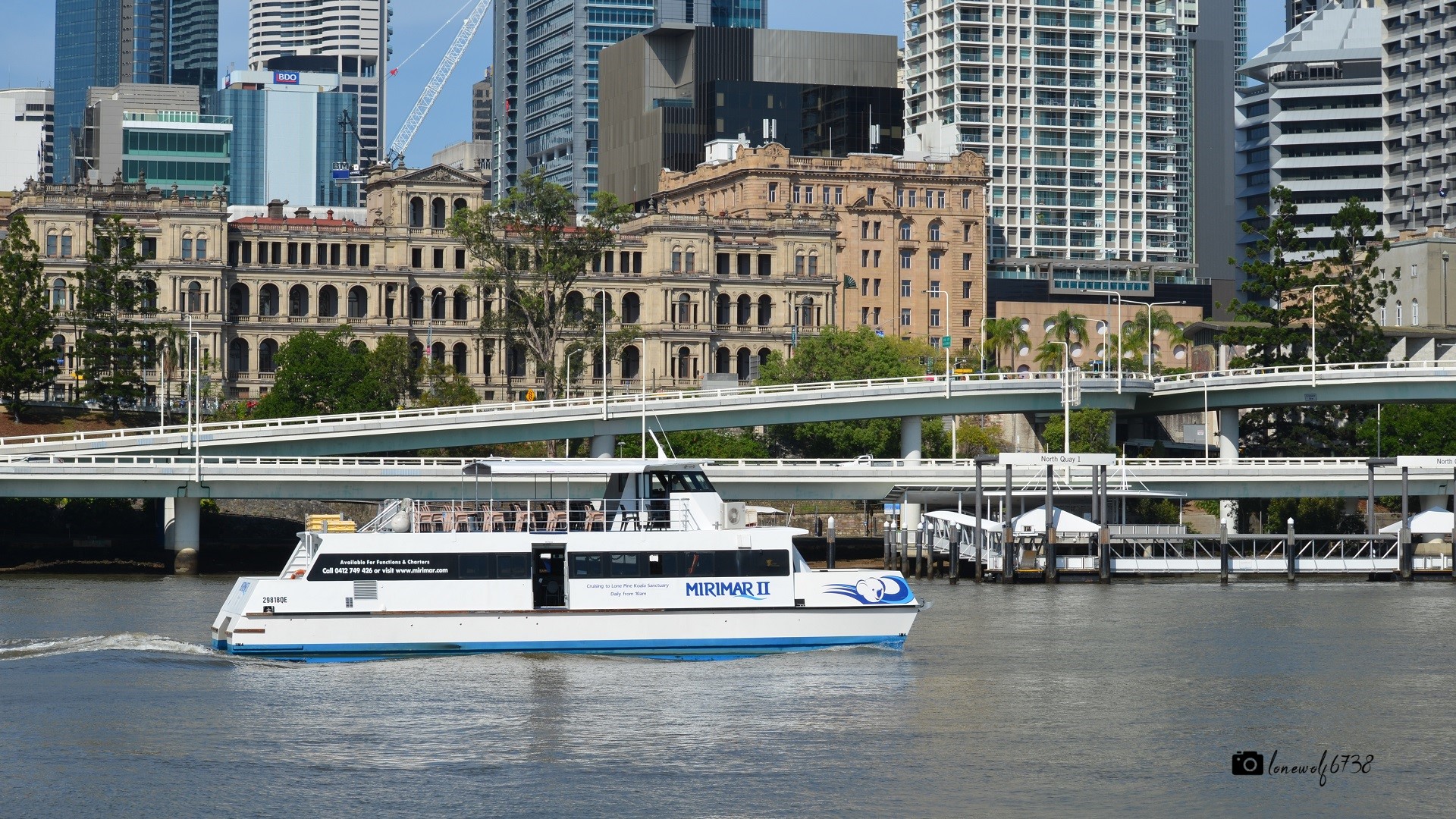 Download mobile wallpaper City, Building, Wharf, River, Brisbane, Vehicles, Ferry for free.