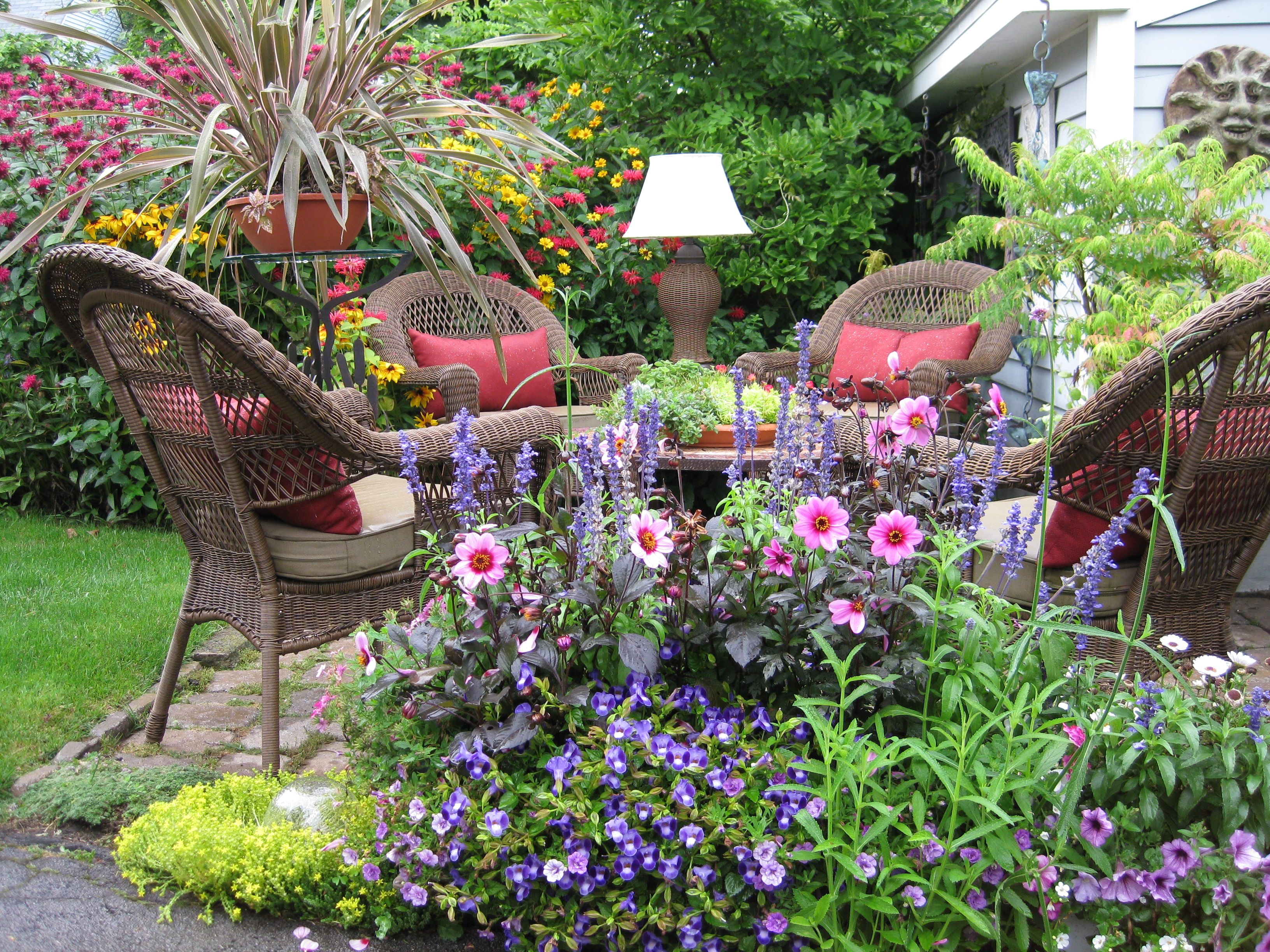 HD wallpaper garden, nature, man made, lamp, flower, chair, furniture