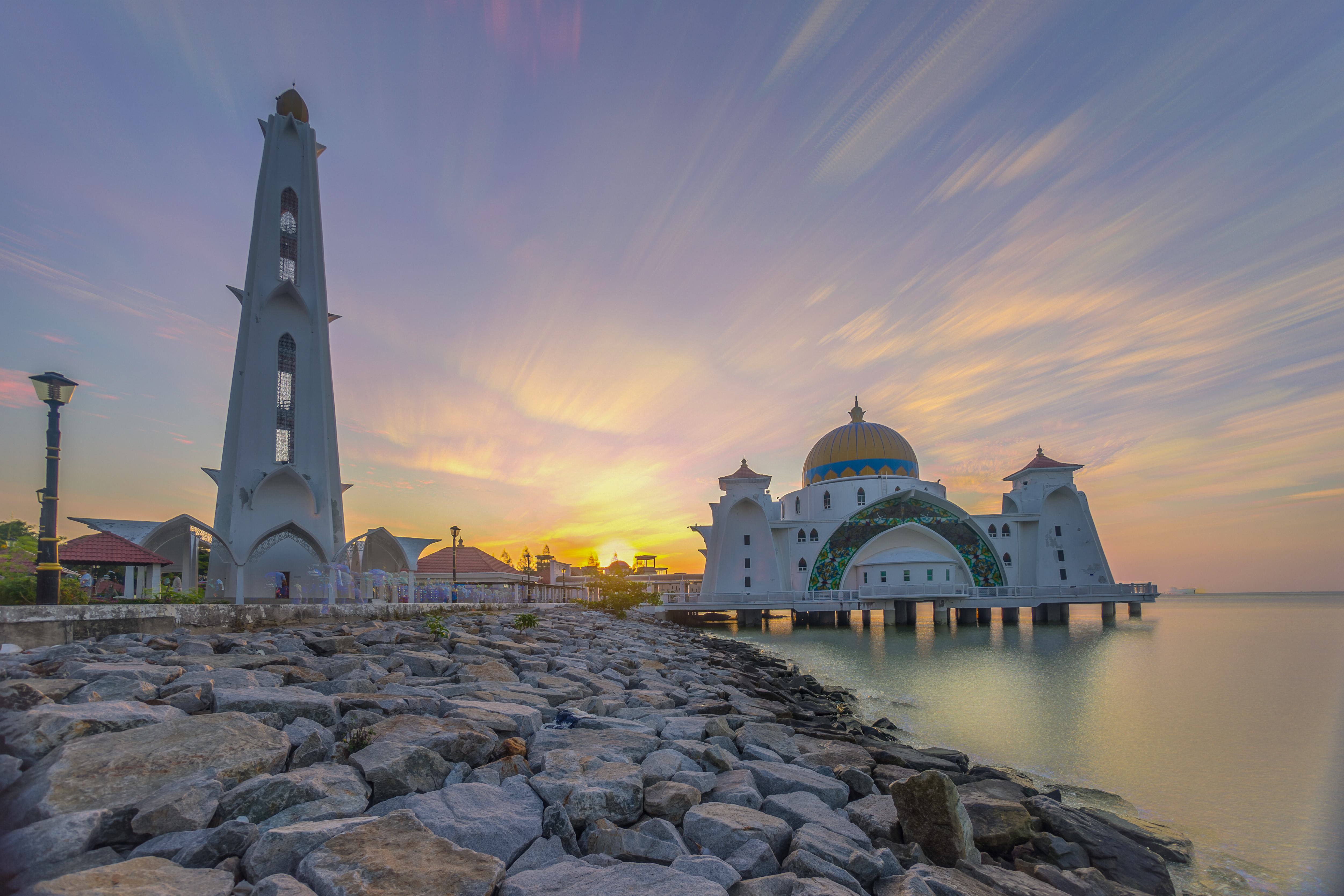 religious, malacca straits mosque, building, coast, malacca, malaysia, mosque, sunset, mosques Desktop home screen Wallpaper