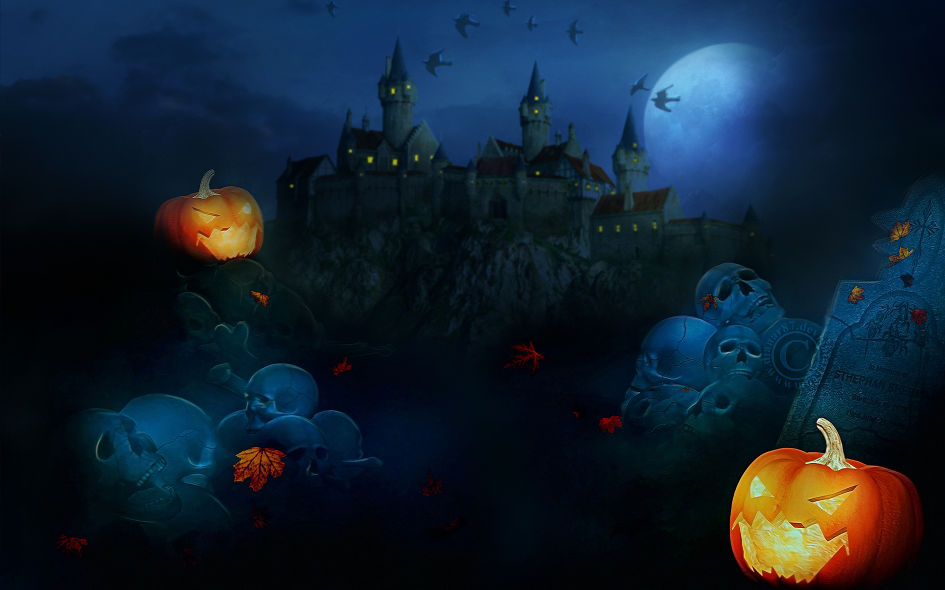 Download mobile wallpaper Halloween, Moon, Holiday, Skeleton, Bat, Castle, Tombstone, Jack O' Lantern for free.