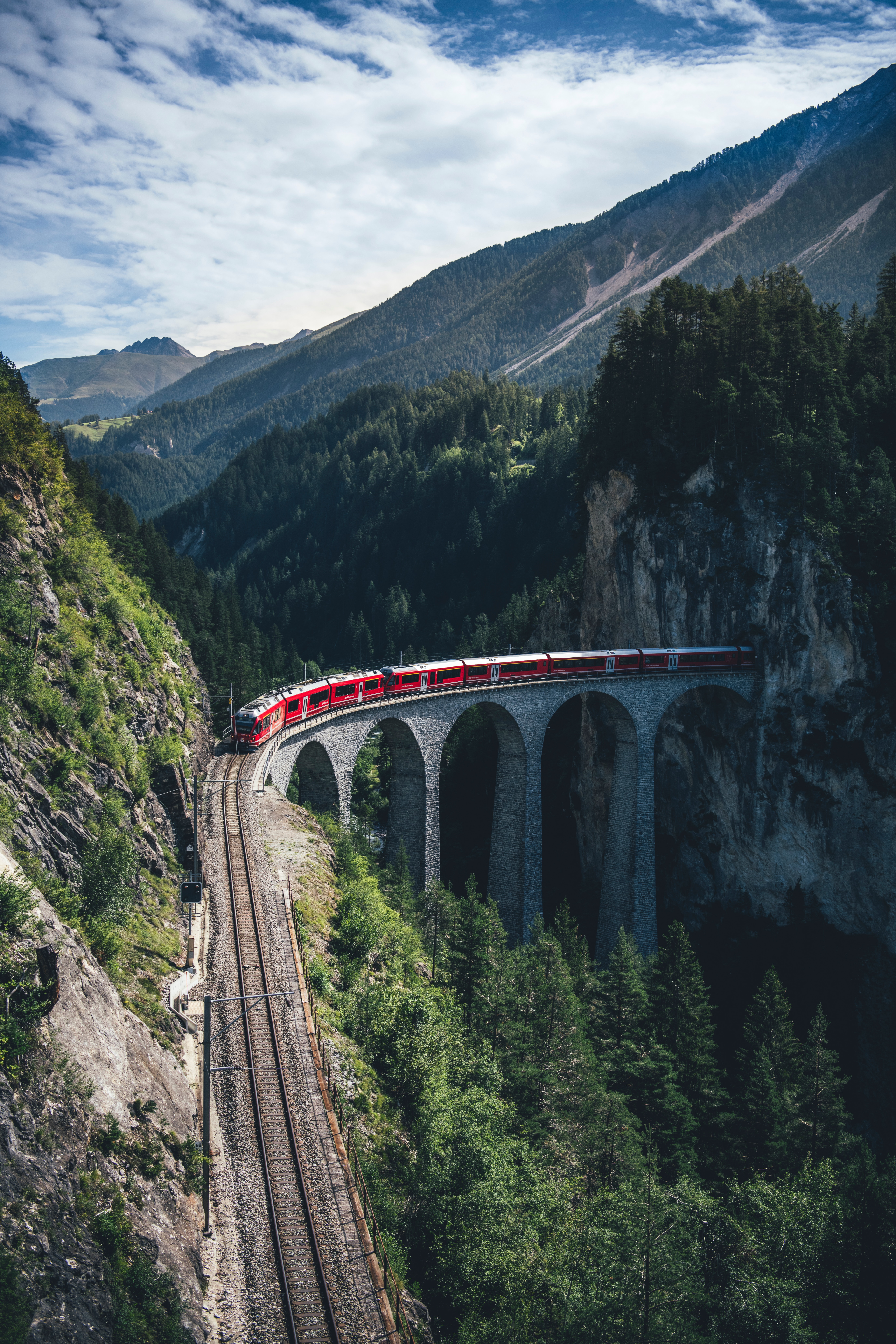 train, bridge, railway, nature, mountains, view from above UHD