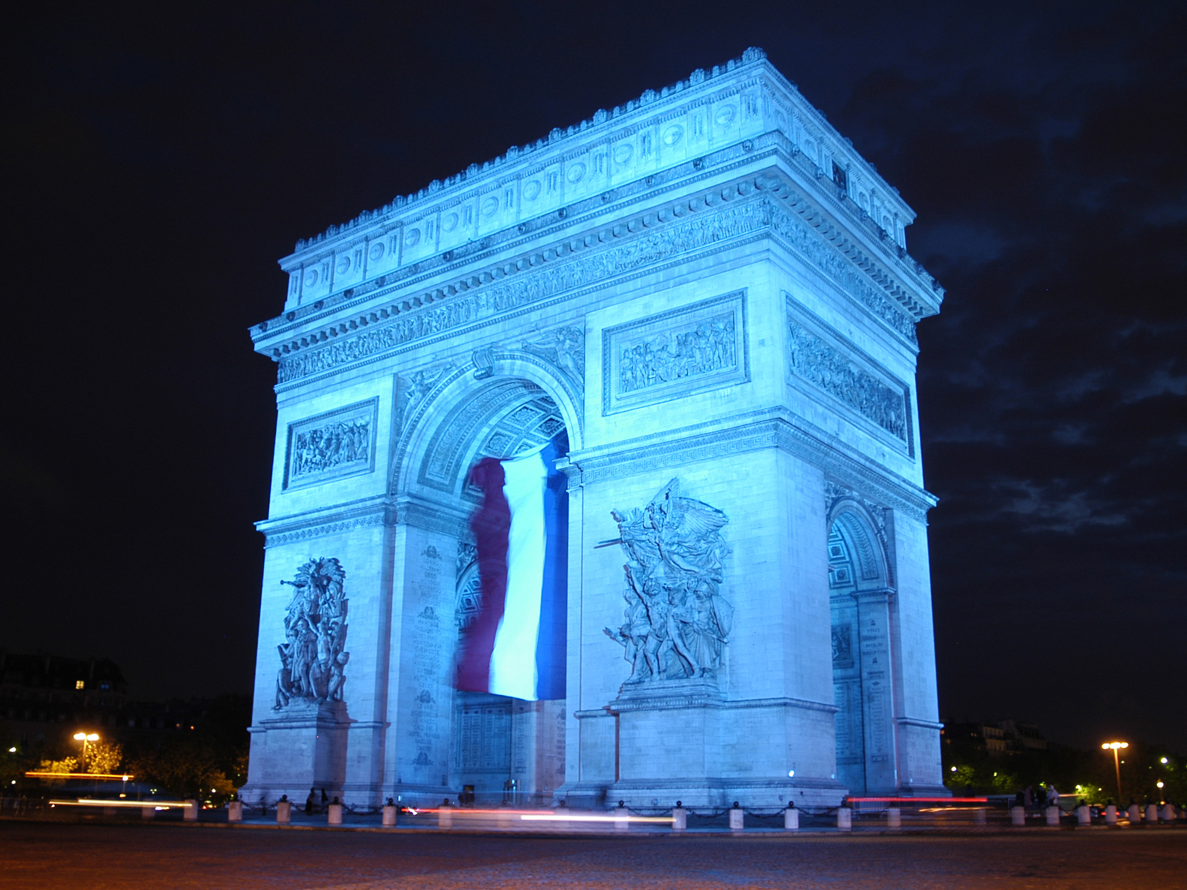 man made, arc de triomphe, blue, flag of france, france, monument, night, paris, monuments