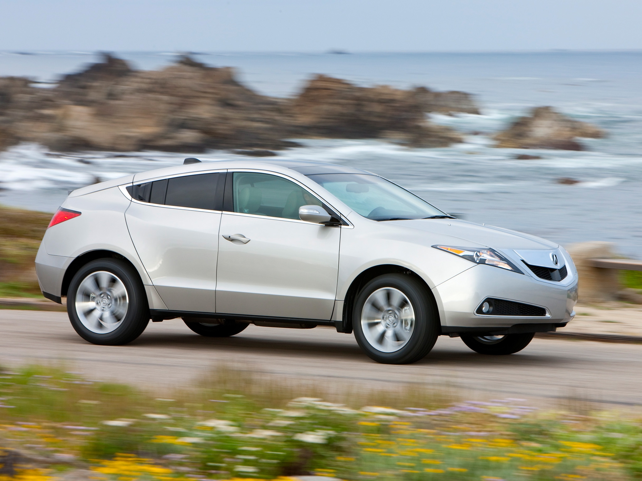auto, flowers, grass, sea, acura, cars, side view, speed, style, akura, zdx, 2009, silver metallic High Definition image