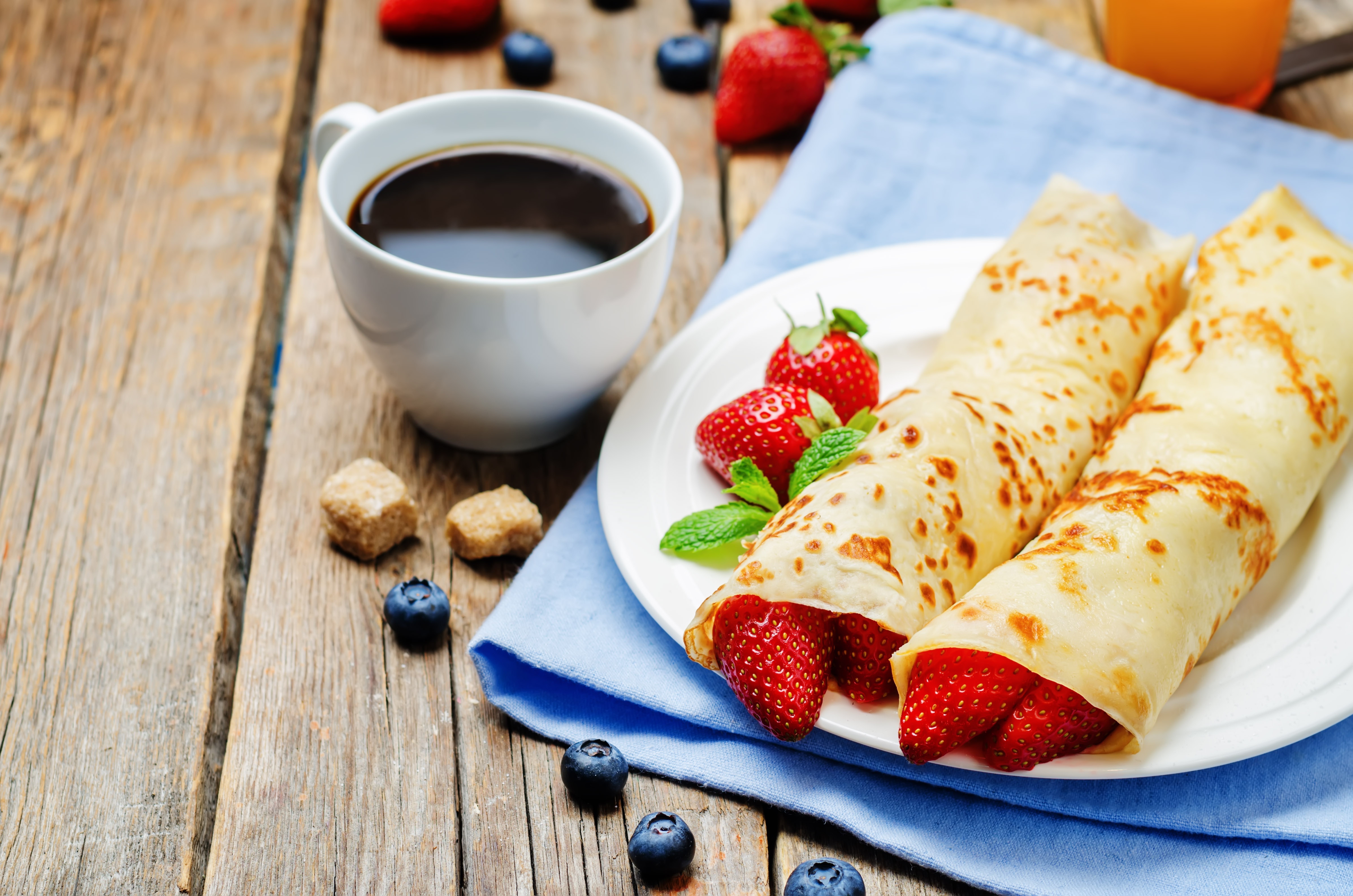 Download mobile wallpaper Food, Strawberry, Blueberry, Coffee, Still Life, Cup, Berry, Fruit, Breakfast, Crêpe for free.