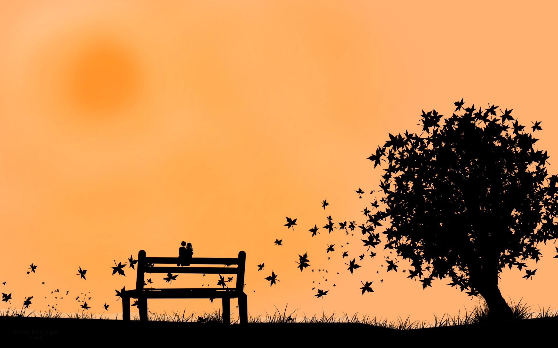 autumn, bench, couple, vector, leaves, silhouette, pair 1080p