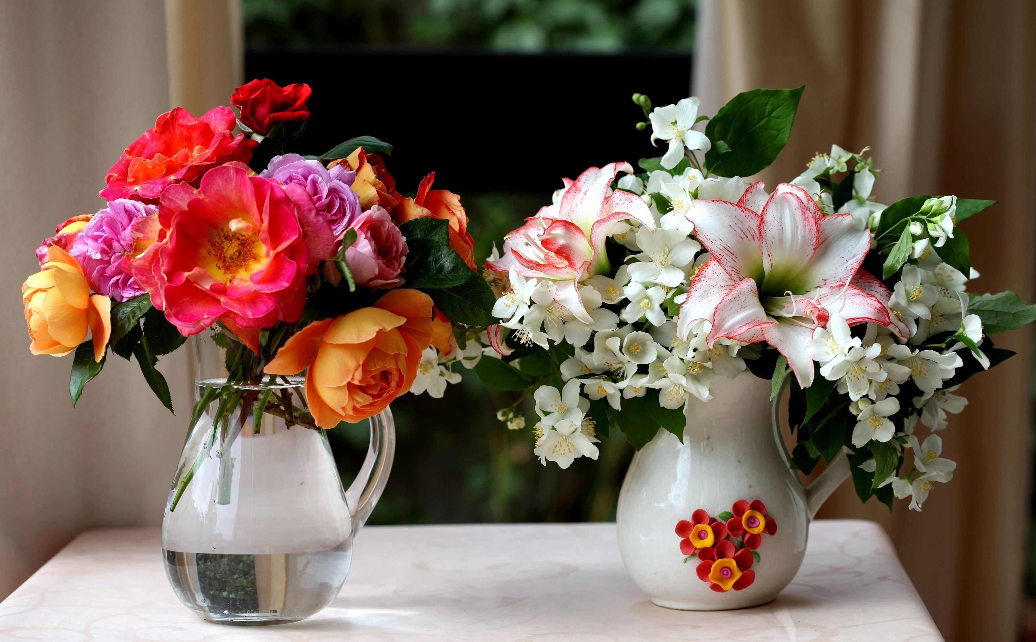 Laden Sie das Bouquets, Jasmin, Krüge, Blumen, Roses, Lilien-Bild kostenlos auf Ihren PC-Desktop herunter