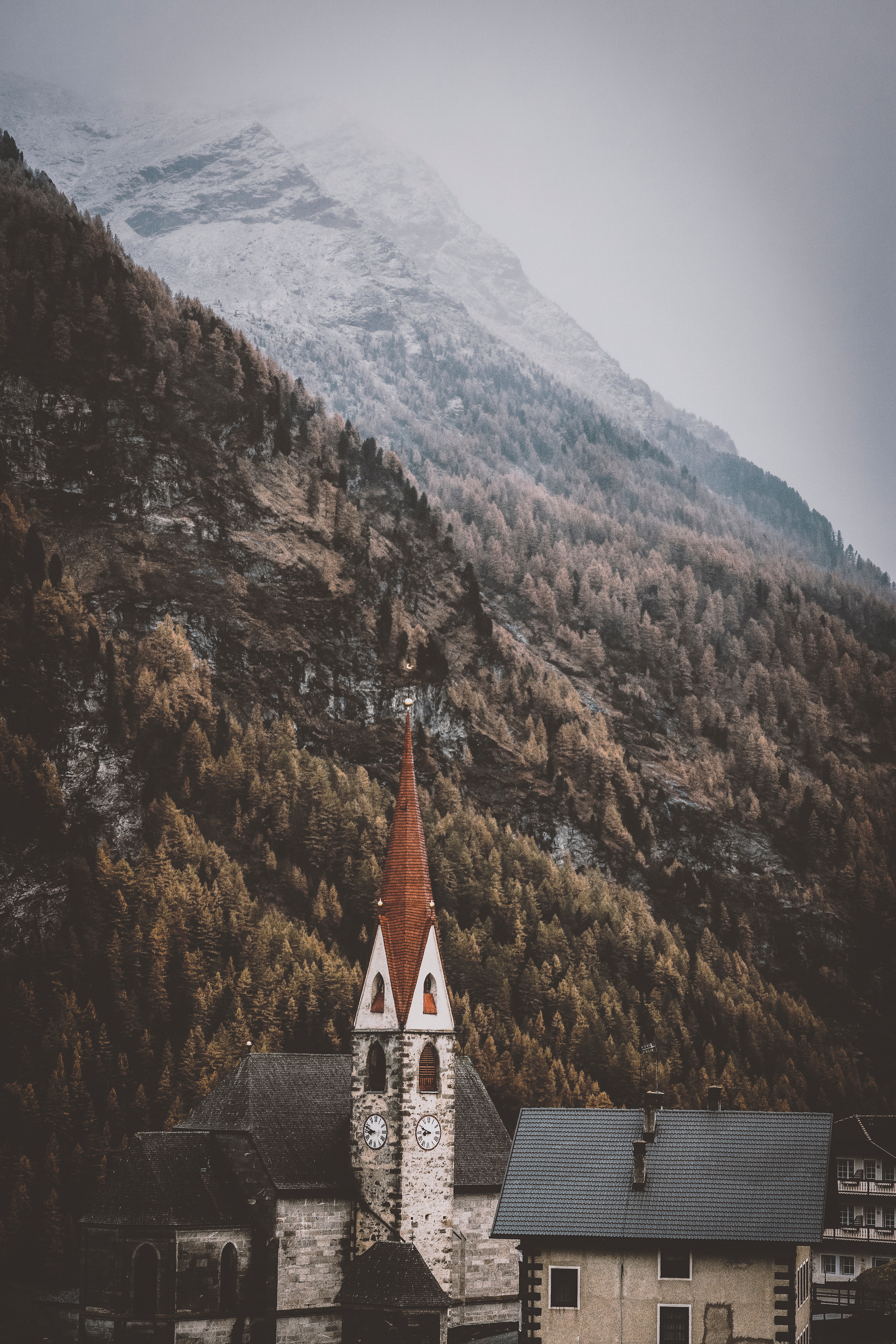 mountains, cities, architecture, building, chapel, spire