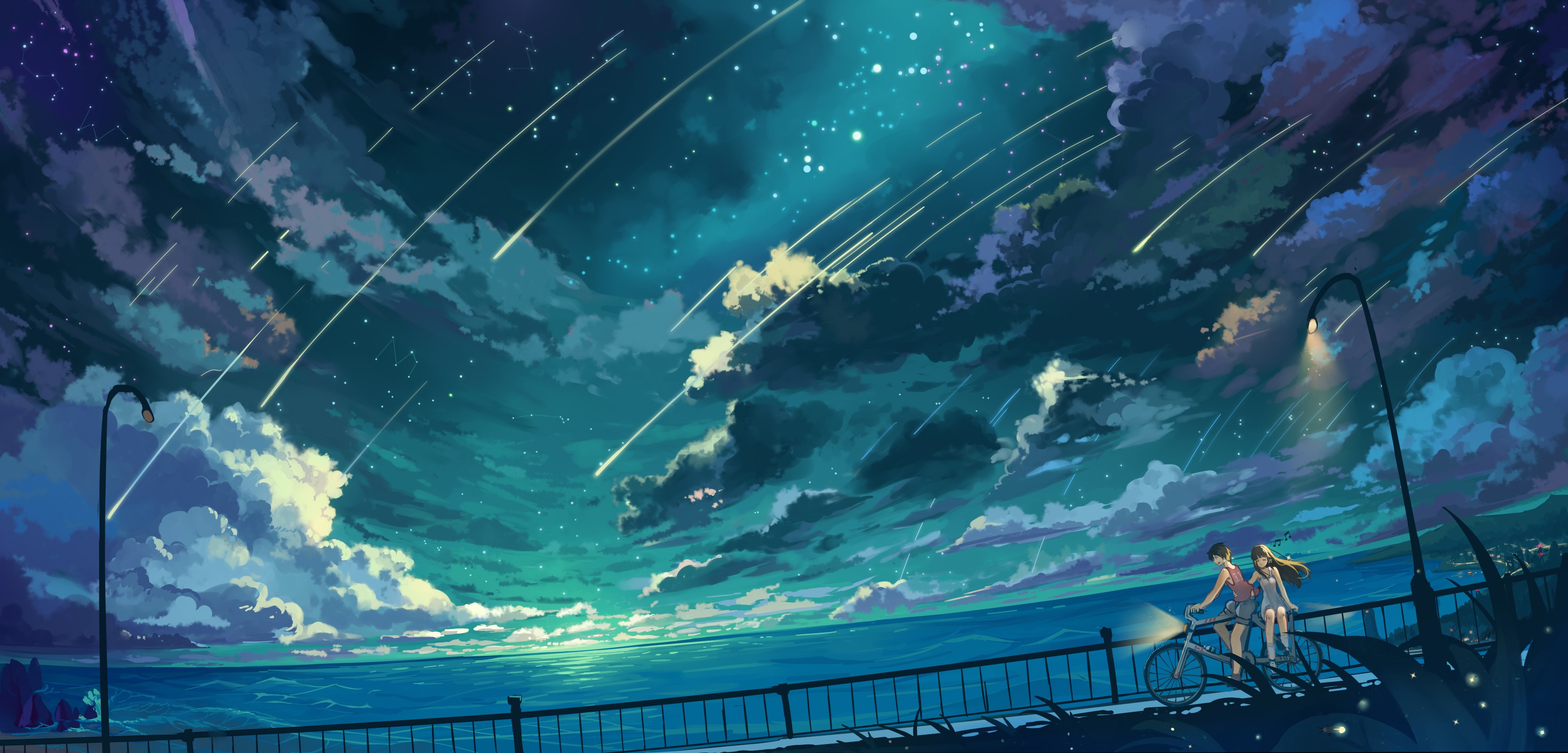 couple, sky, anime, cloud, ocean, horizon, stars, bicycle, water