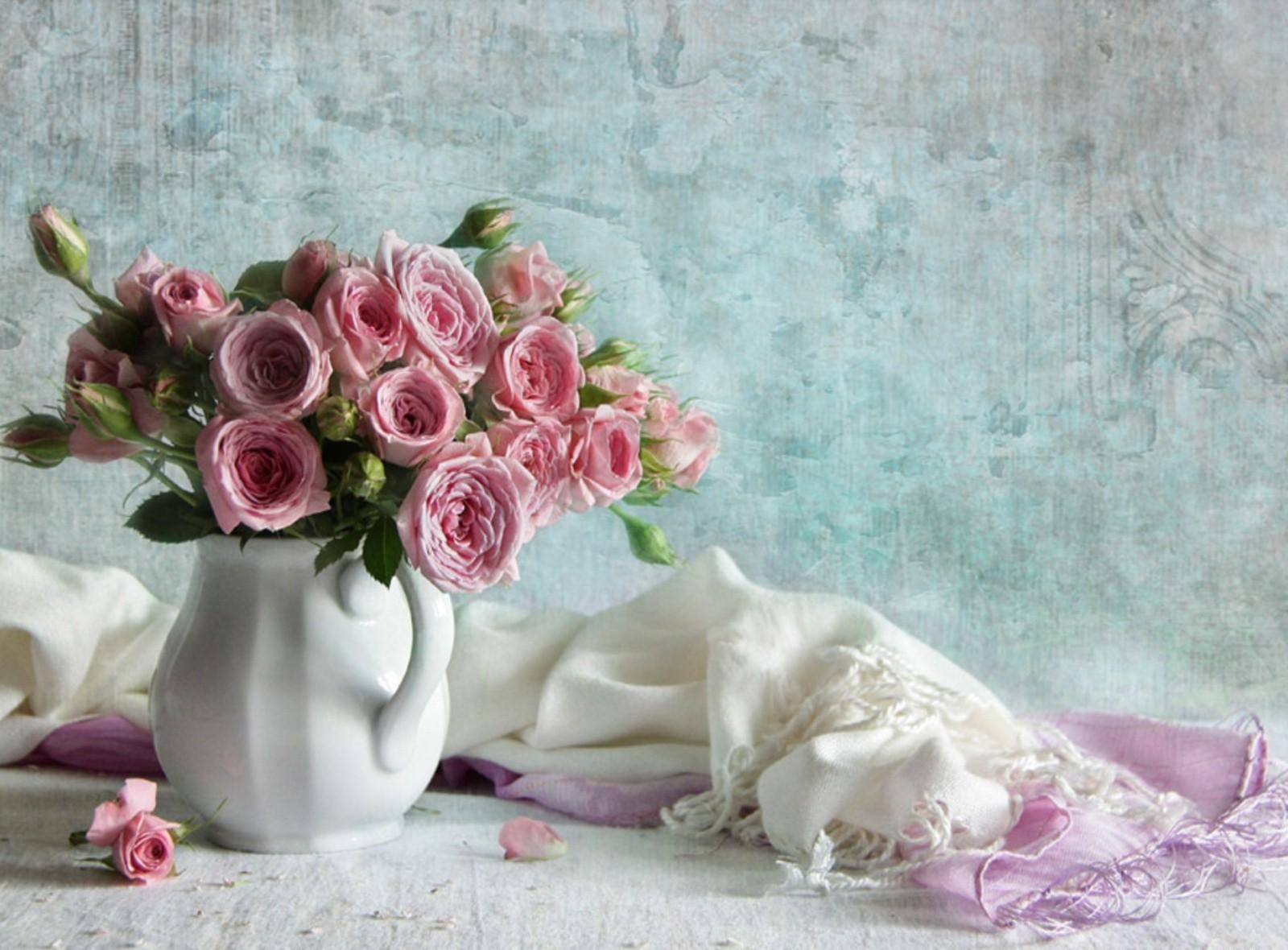 Download mobile wallpaper Flowers, Bouquet, Petal, Scarf, Jug, Roses for free.
