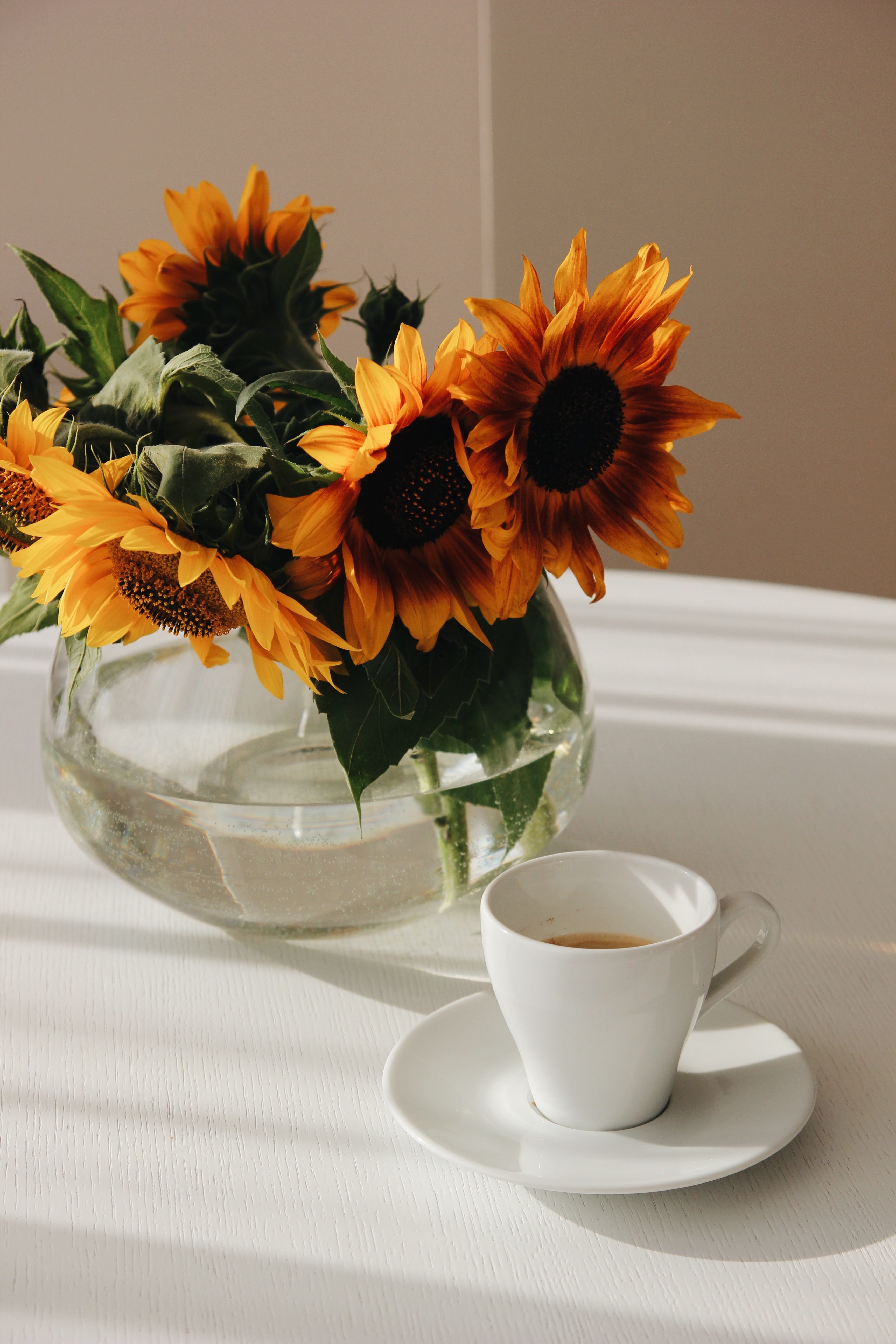 sunflowers, cup, flowers, bouquet, table, vase lock screen backgrounds