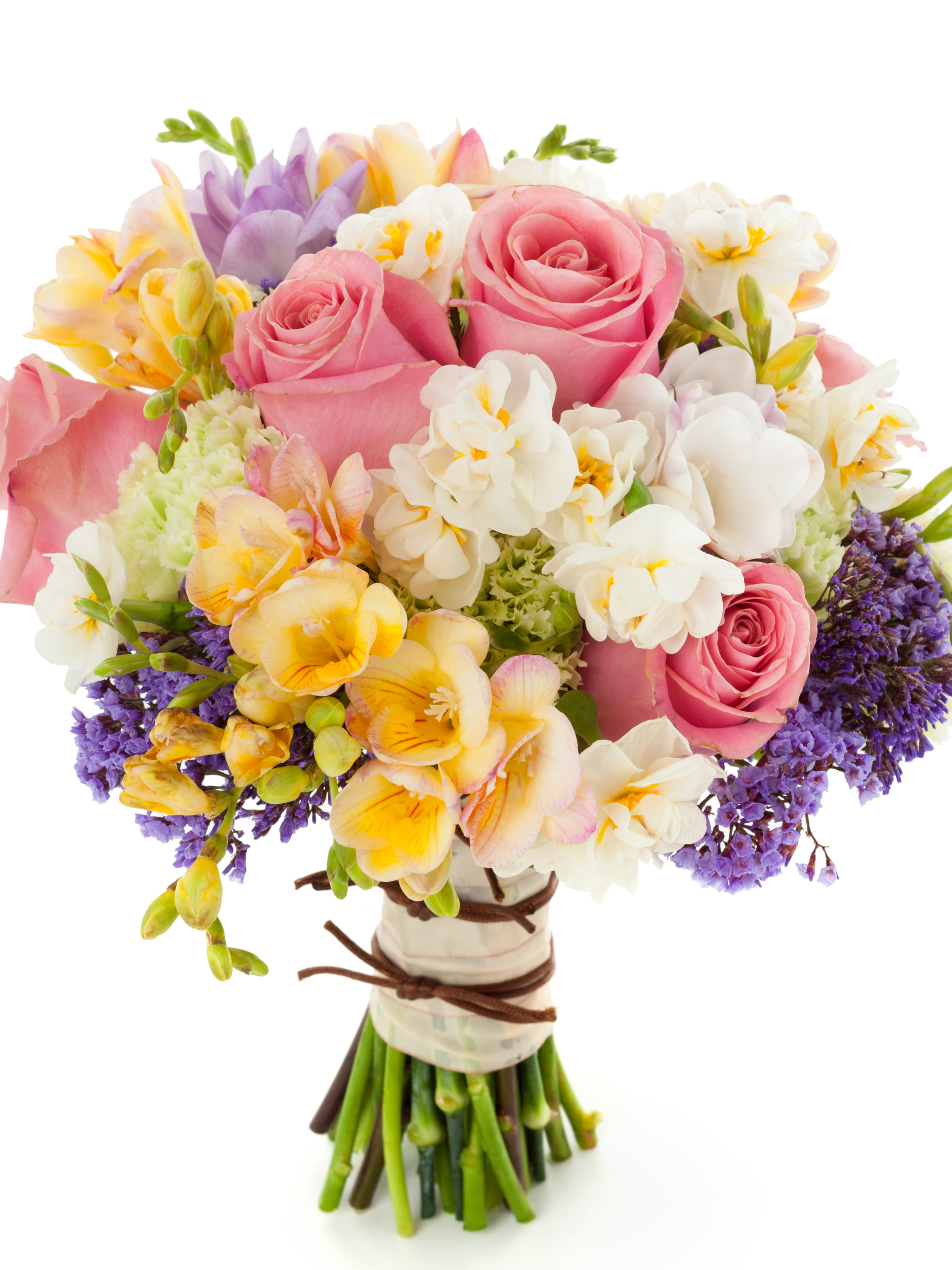 1422881壁紙のダウンロードマンメイド, 花, 薔薇, ピンクの花, 黄色い花, フリージア, 花束, 白い花-スクリーンセーバーと写真を無料で
