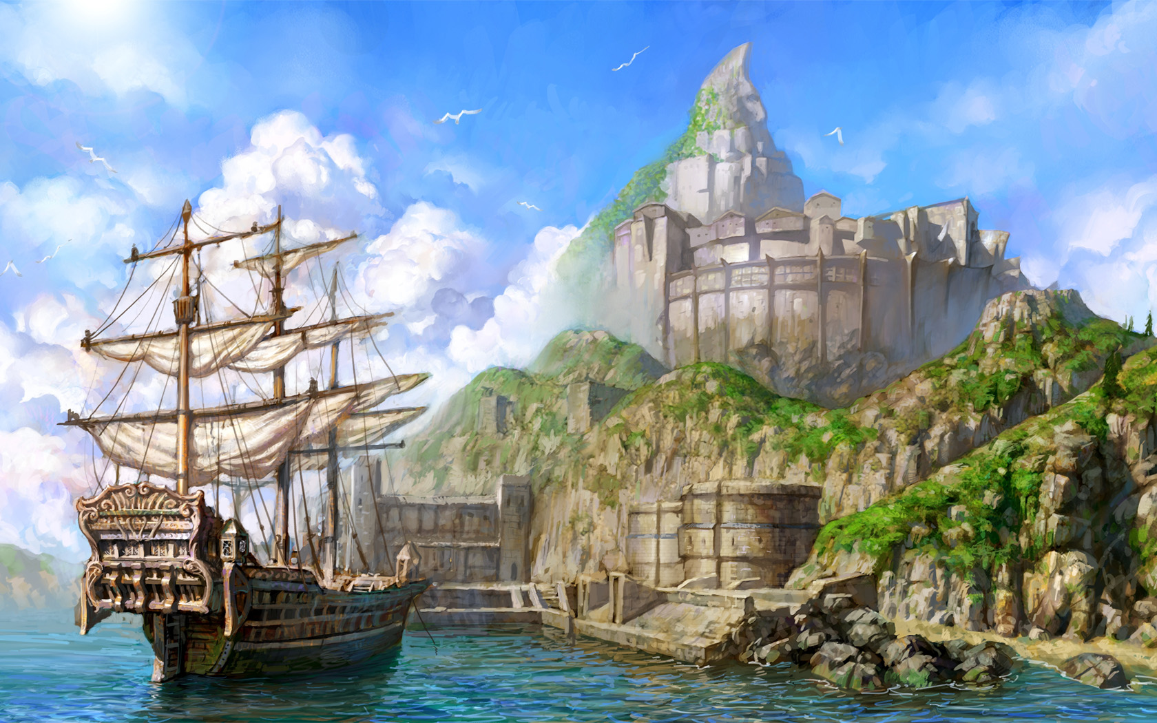 island, artistic, drawing, fort, fortress, landscape, ship