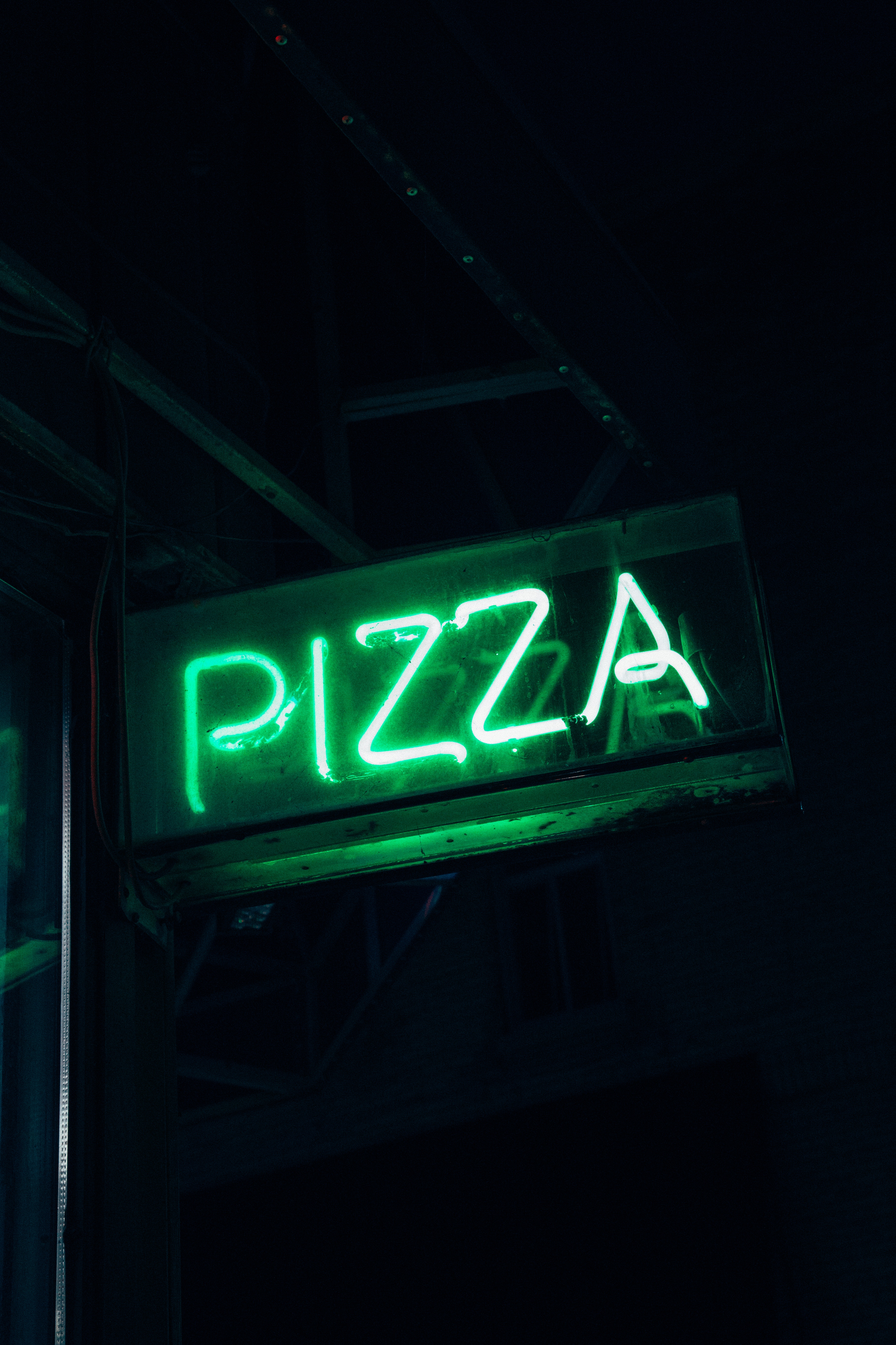 neon, words, pizza, inscription, sign, signboard