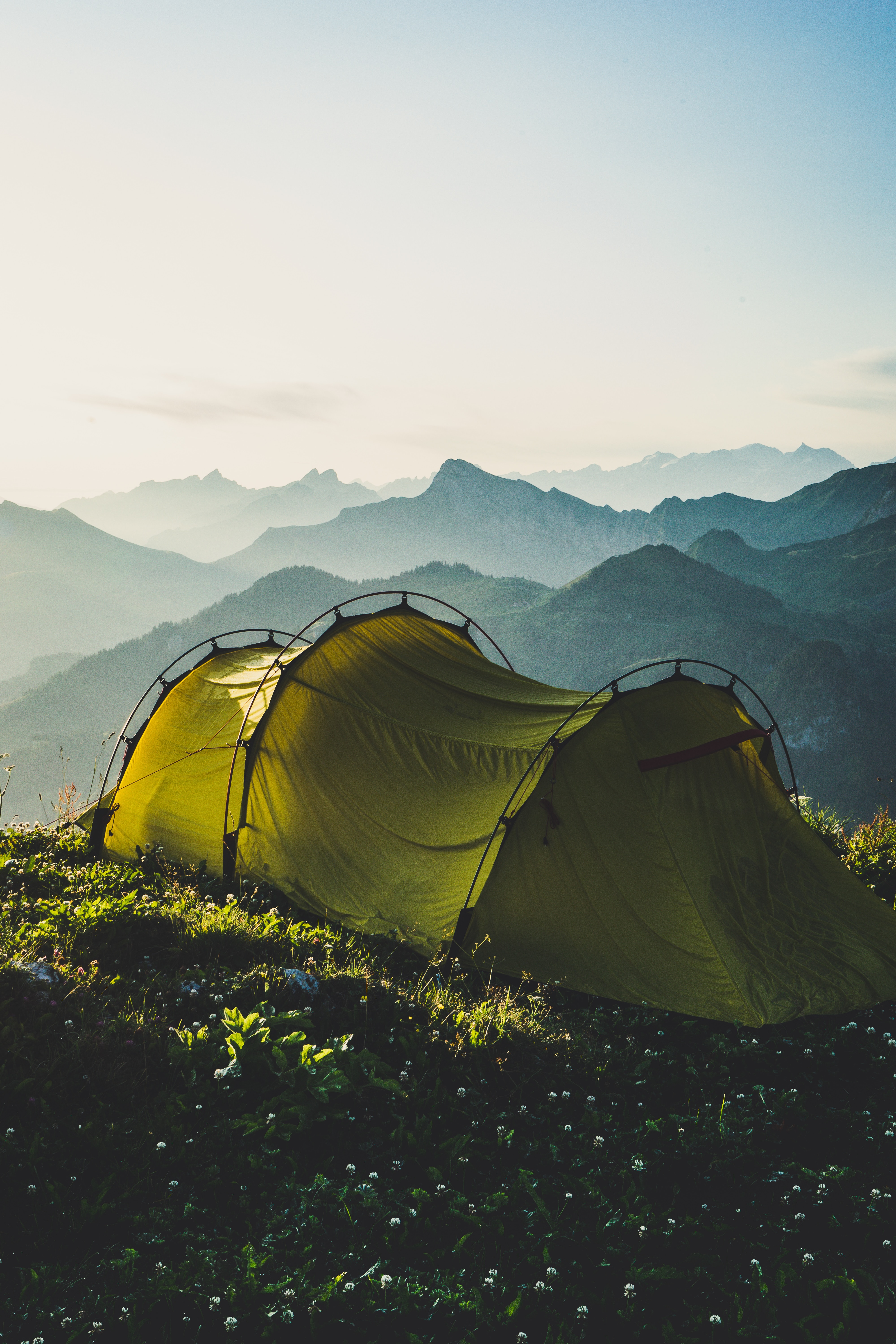 Download mobile wallpaper Fog, Mountains, Sky, Nature, Journey, Campsite, Tent, Camping for free.