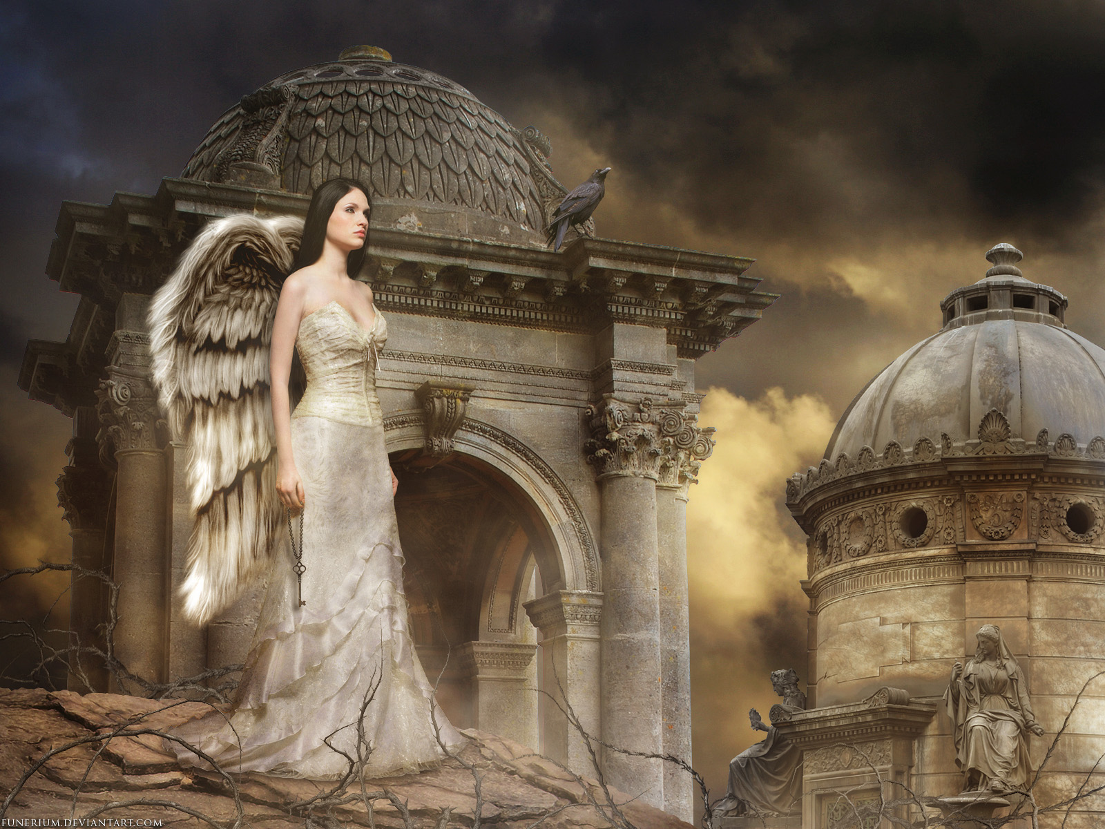fantasy, angel, cemetery, white dress, wings HD wallpaper