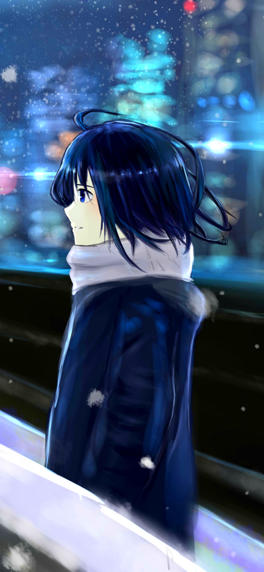 anime, original, cold, city, snow, scarf, light, night