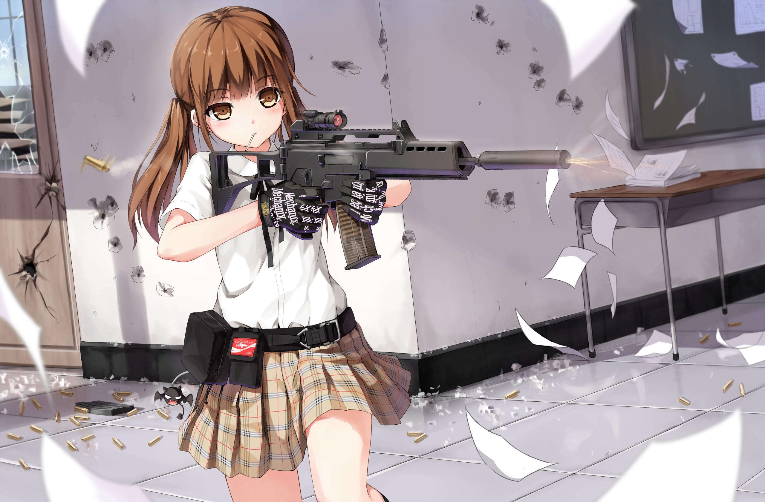 girl, rifle, anime, brown eyes, twintails, brown hair, glove, gun, skirt for android