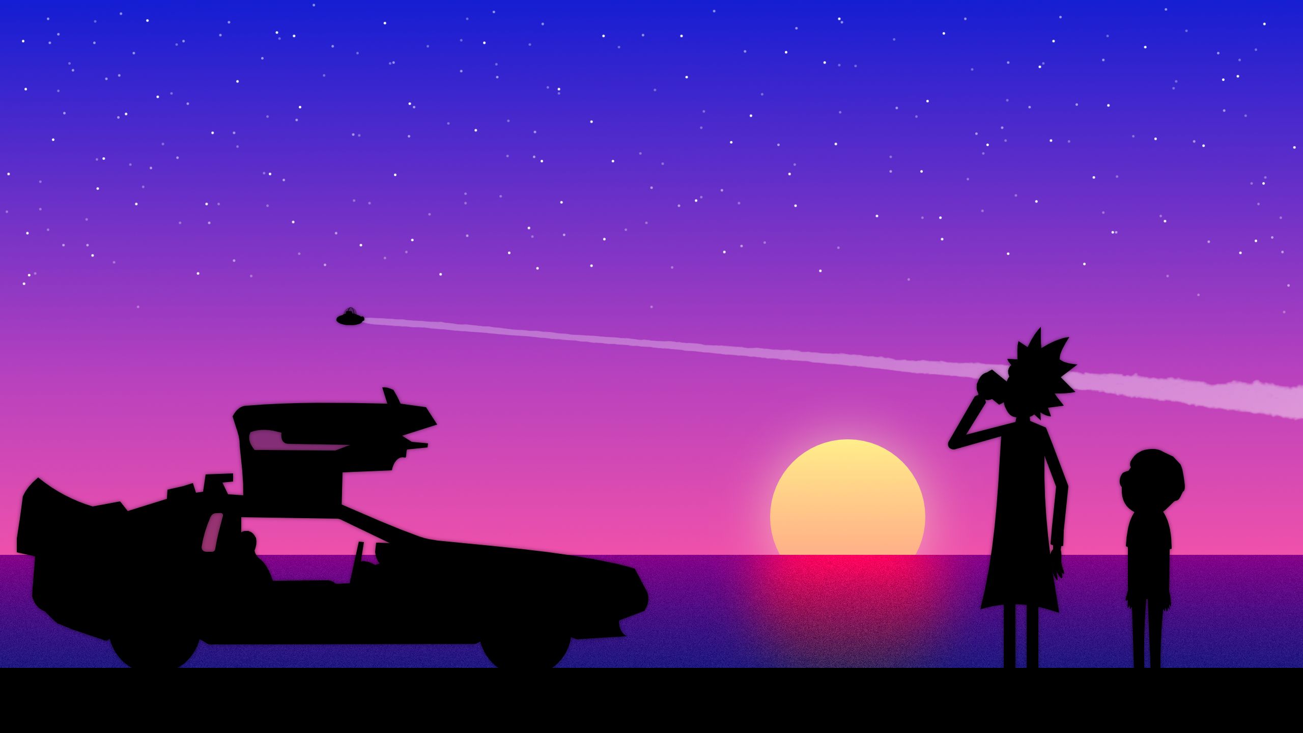 android purple, rick and morty, sunset, car, tv show, morty smith, rick sanchez