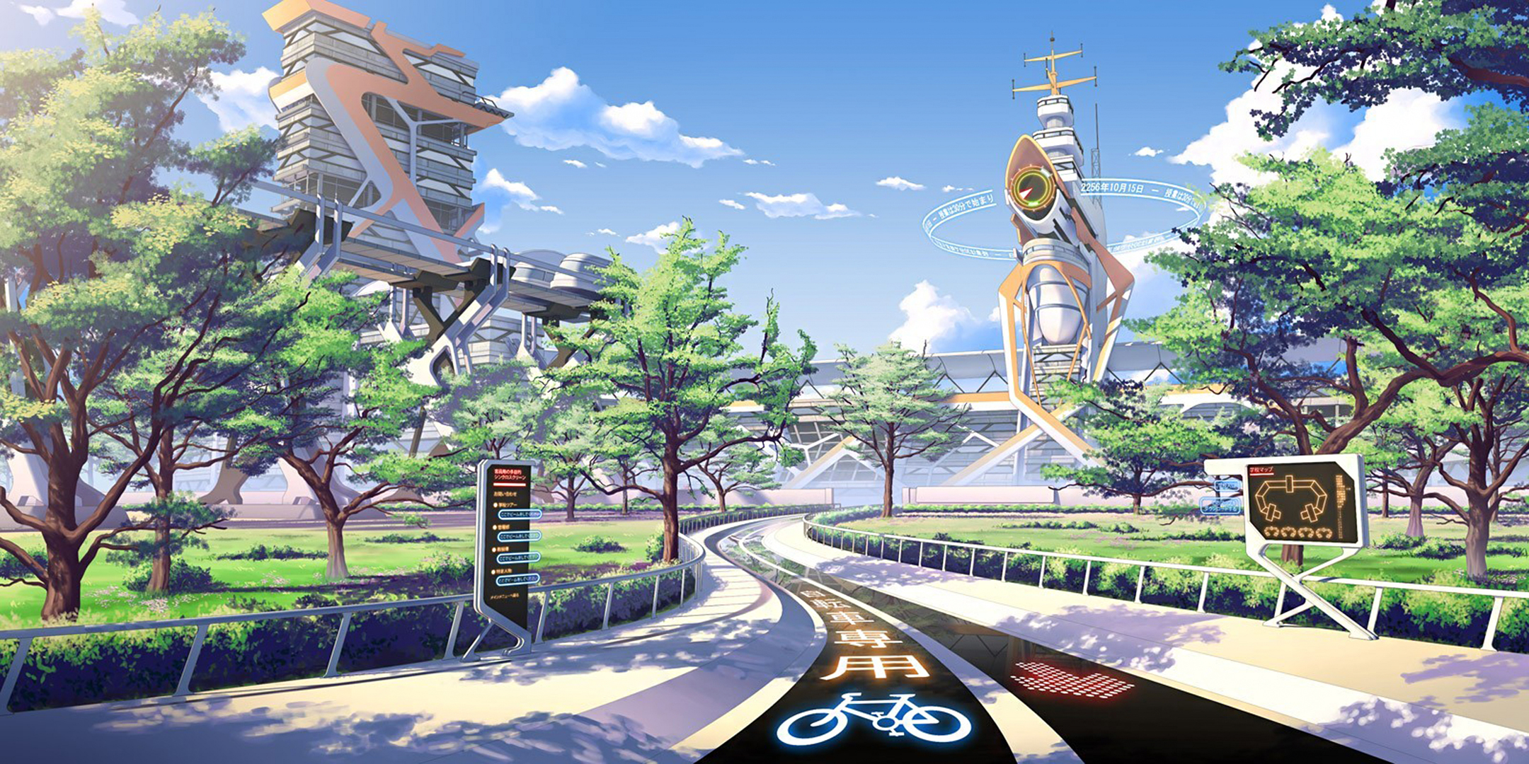 summer, futuristic city, anime, original, landscape, tower, tree