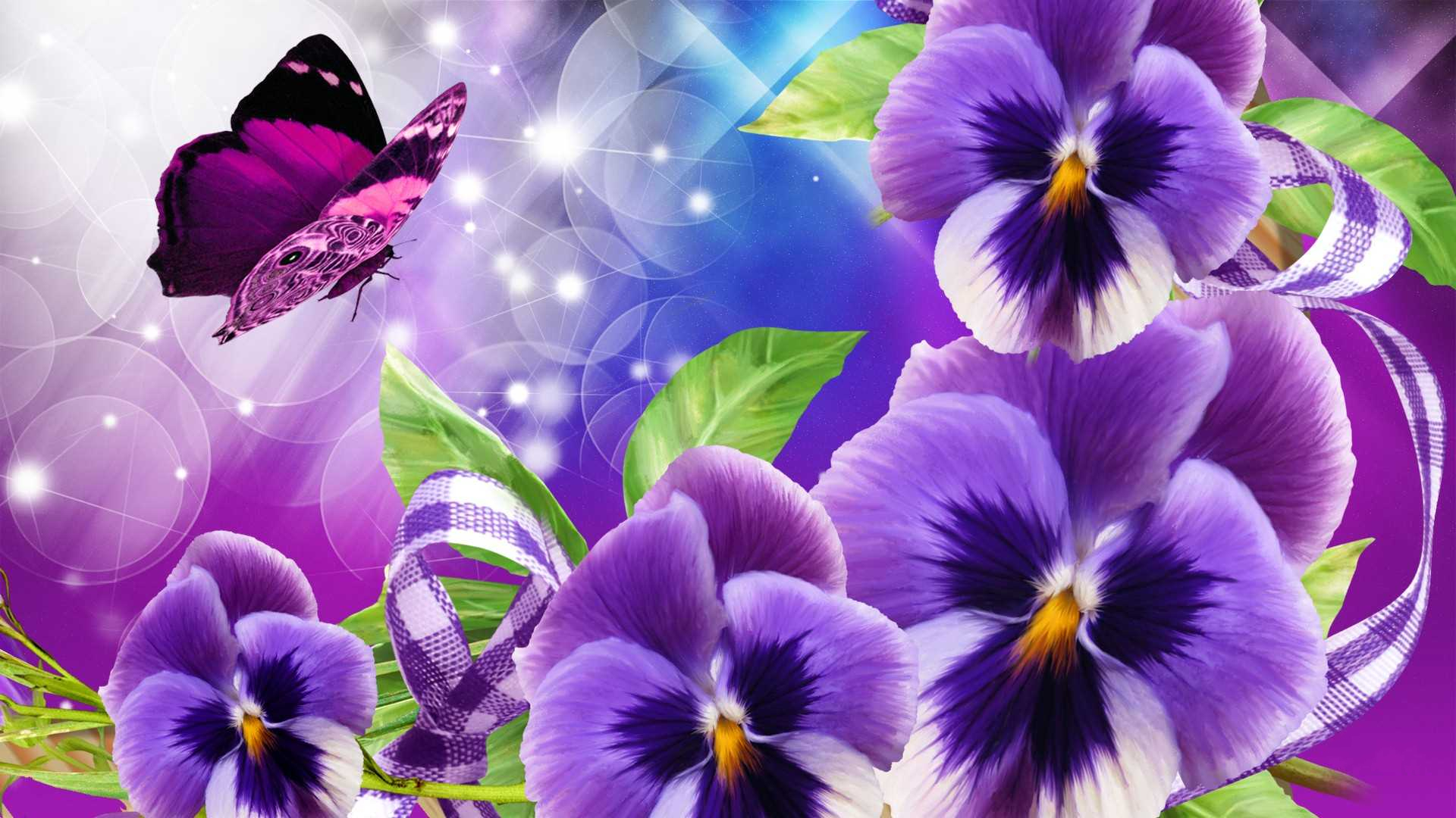 773659 descargar fondo de pantalla artístico, mariposa, flor, pensamiento, flor purpura: protectores de pantalla e imágenes gratis