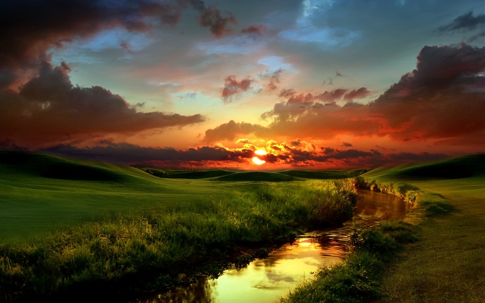 Free download wallpaper Landscape, Rivers, Sunset, Grass, Sky, Clouds, Art Photo on your PC desktop