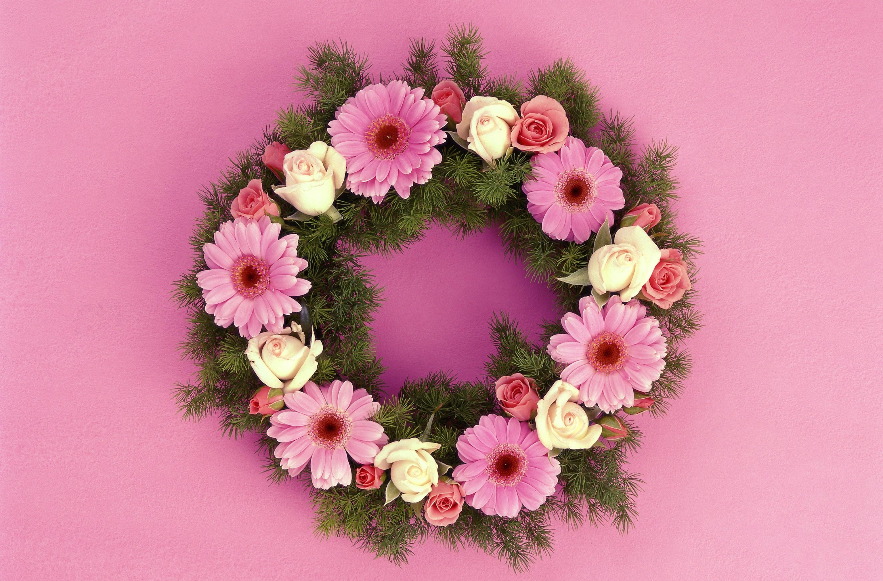 Laden Sie das Nadeln, Gerbera, Nadel, Kranz, Roses, Blumen-Bild kostenlos auf Ihren PC-Desktop herunter