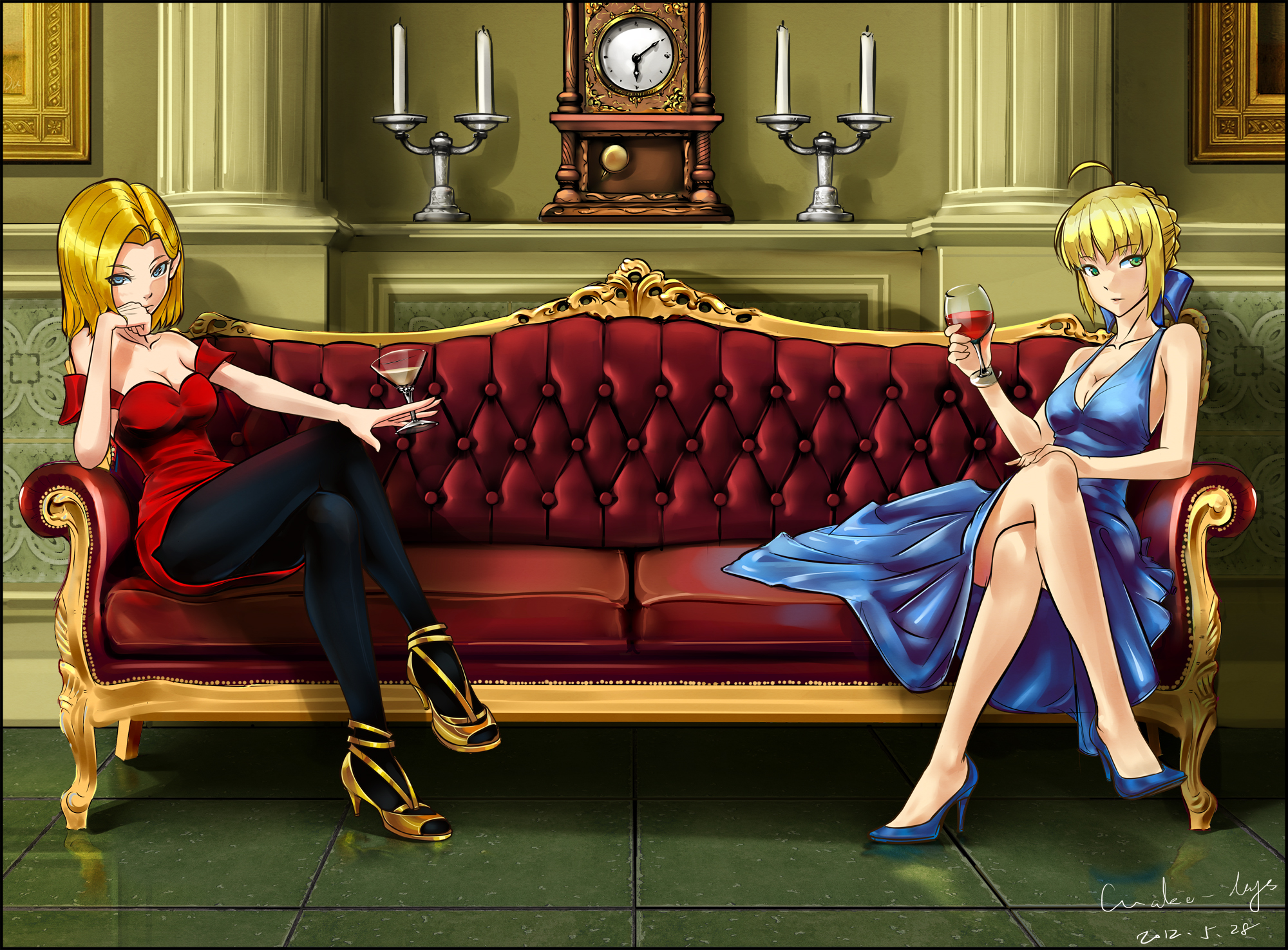 anime, crossover, android 18 (dragon ball), dragon ball, dragon ball z, fate/stay night, saber (fate series) 8K