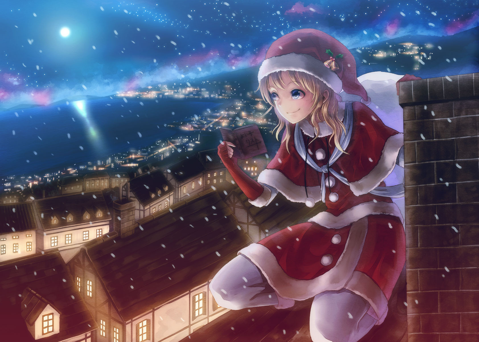 224923 Hintergrundbild herunterladen animes, weihnachten, handschuh, nacht, strumpfhose, rock, lächeln, schneefall - Bildschirmschoner und Bilder kostenlos