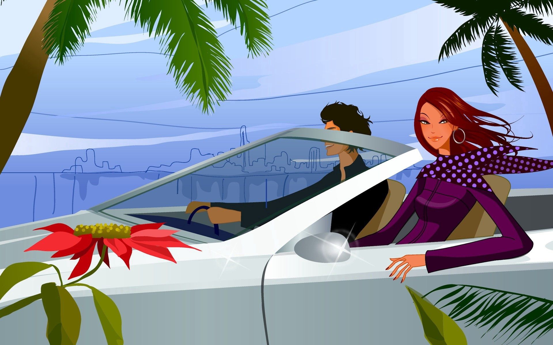 Download mobile wallpaper Car, Palms, Guy, Girl, Vector for free.