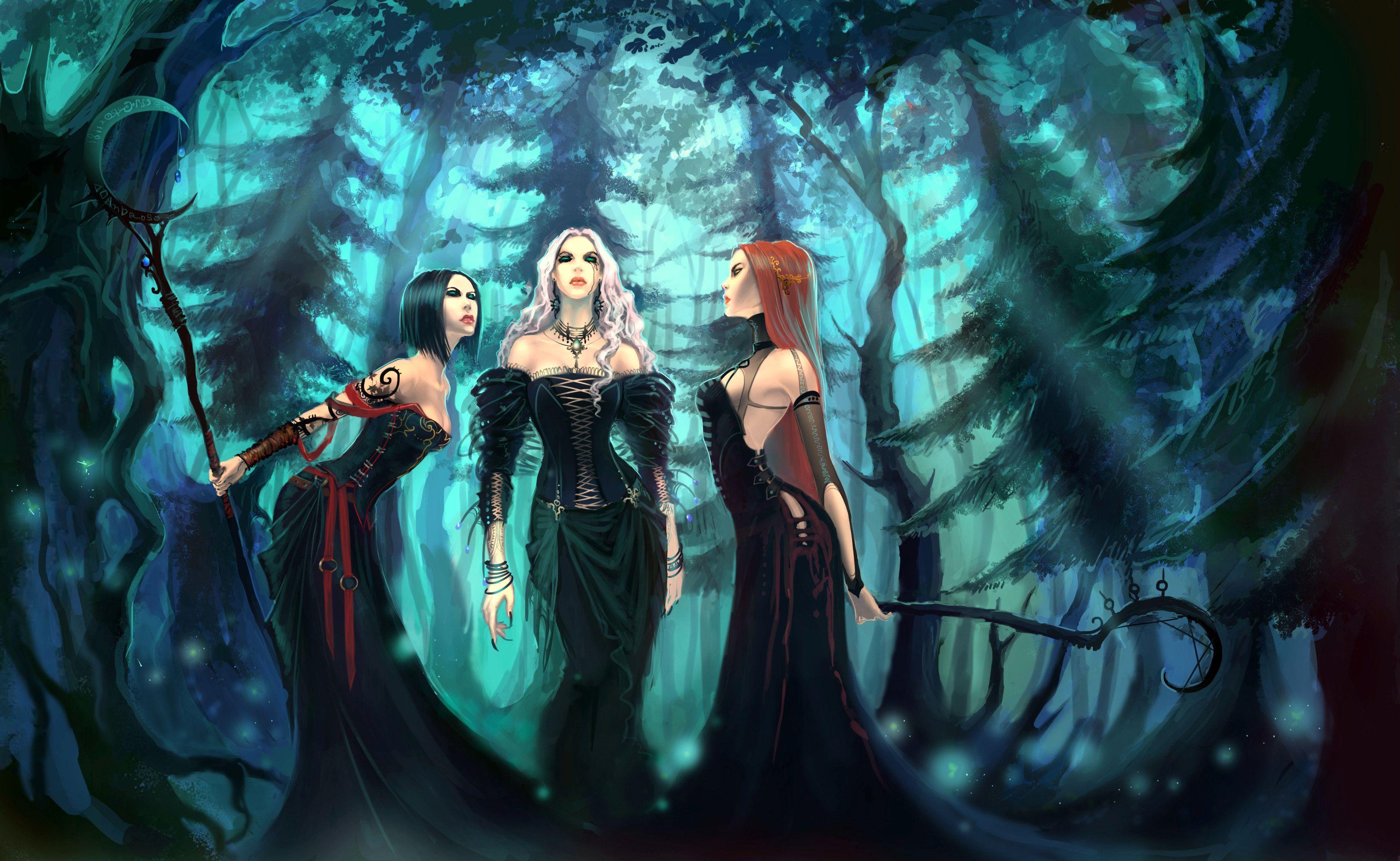 witch, fantasy, dark, forest, staff QHD