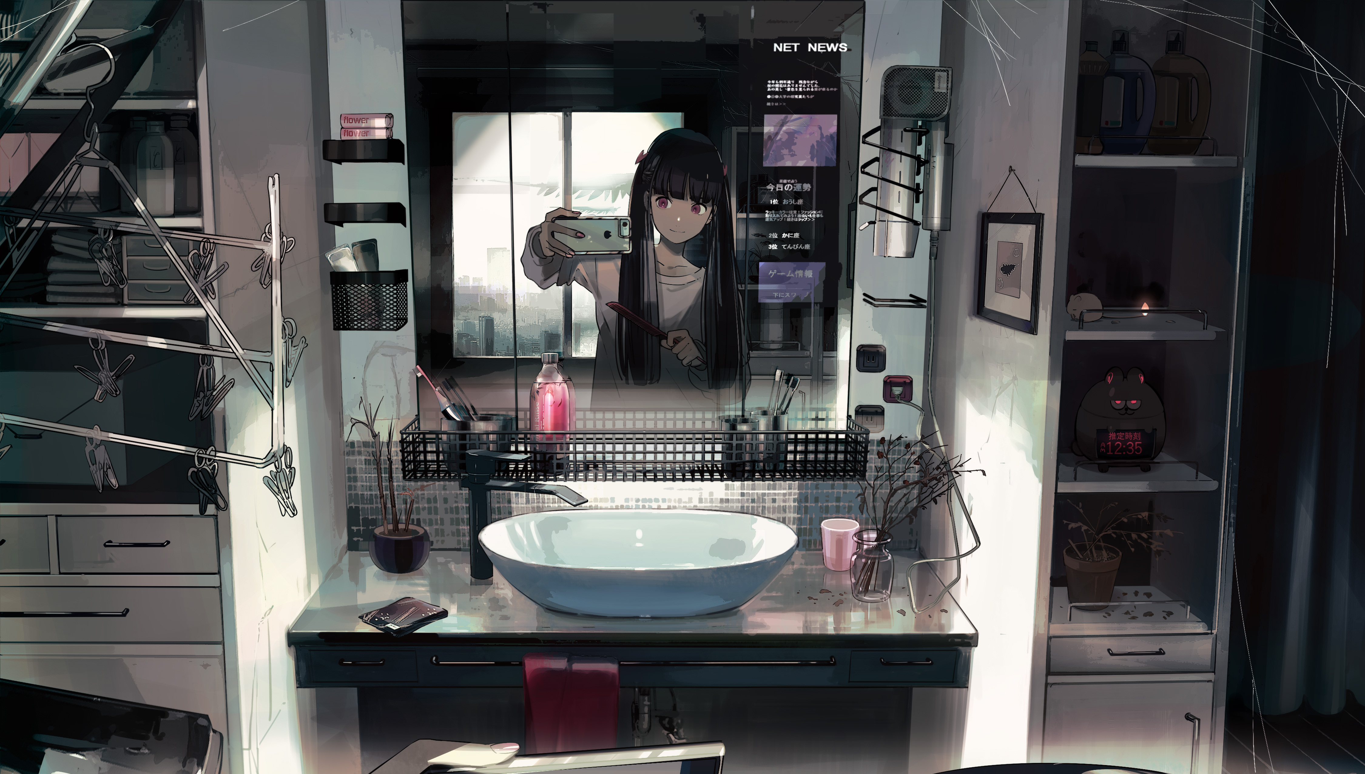 anime, room, bathroom, black hair, long hair, selfie, smartphone, twintails 8K