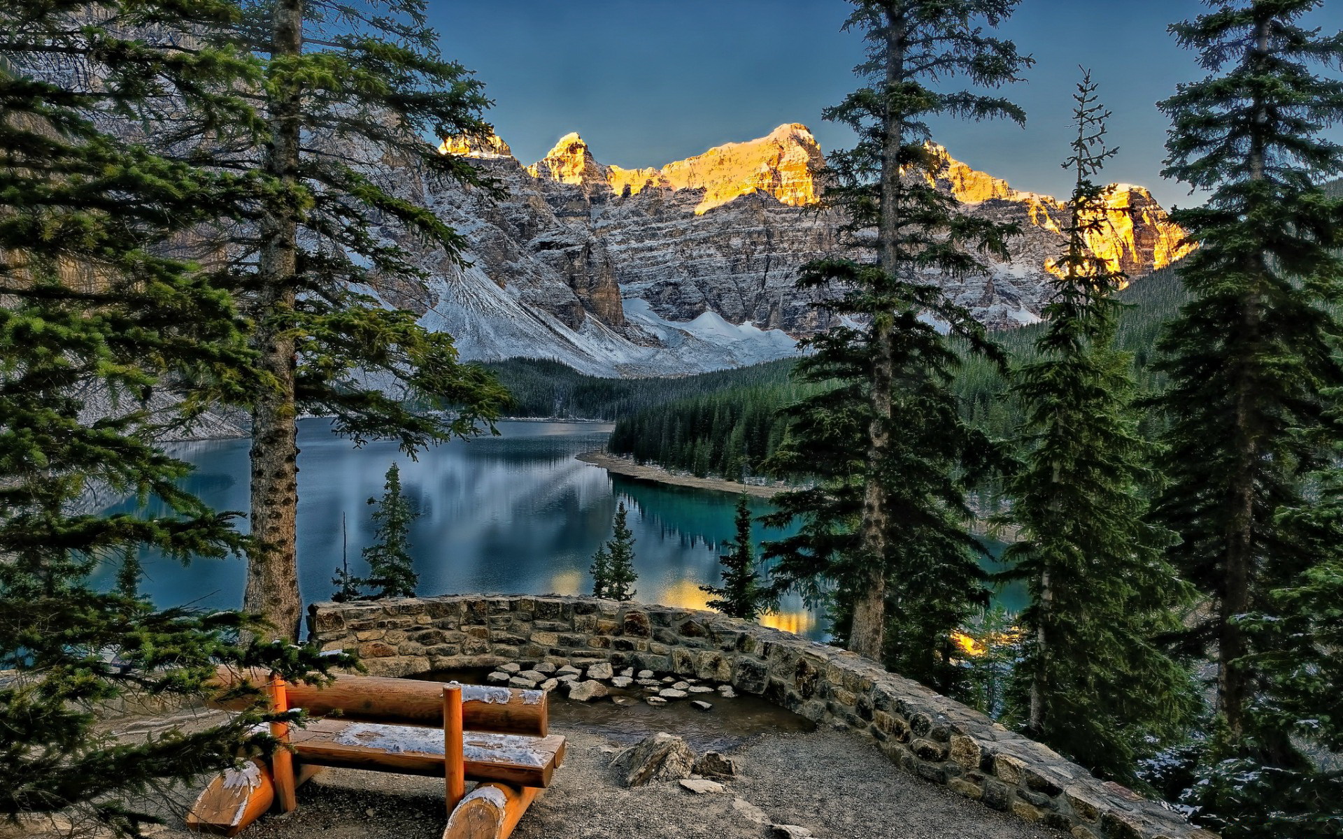 man made, bench, canada, forest, lake, moraine lake, mountain