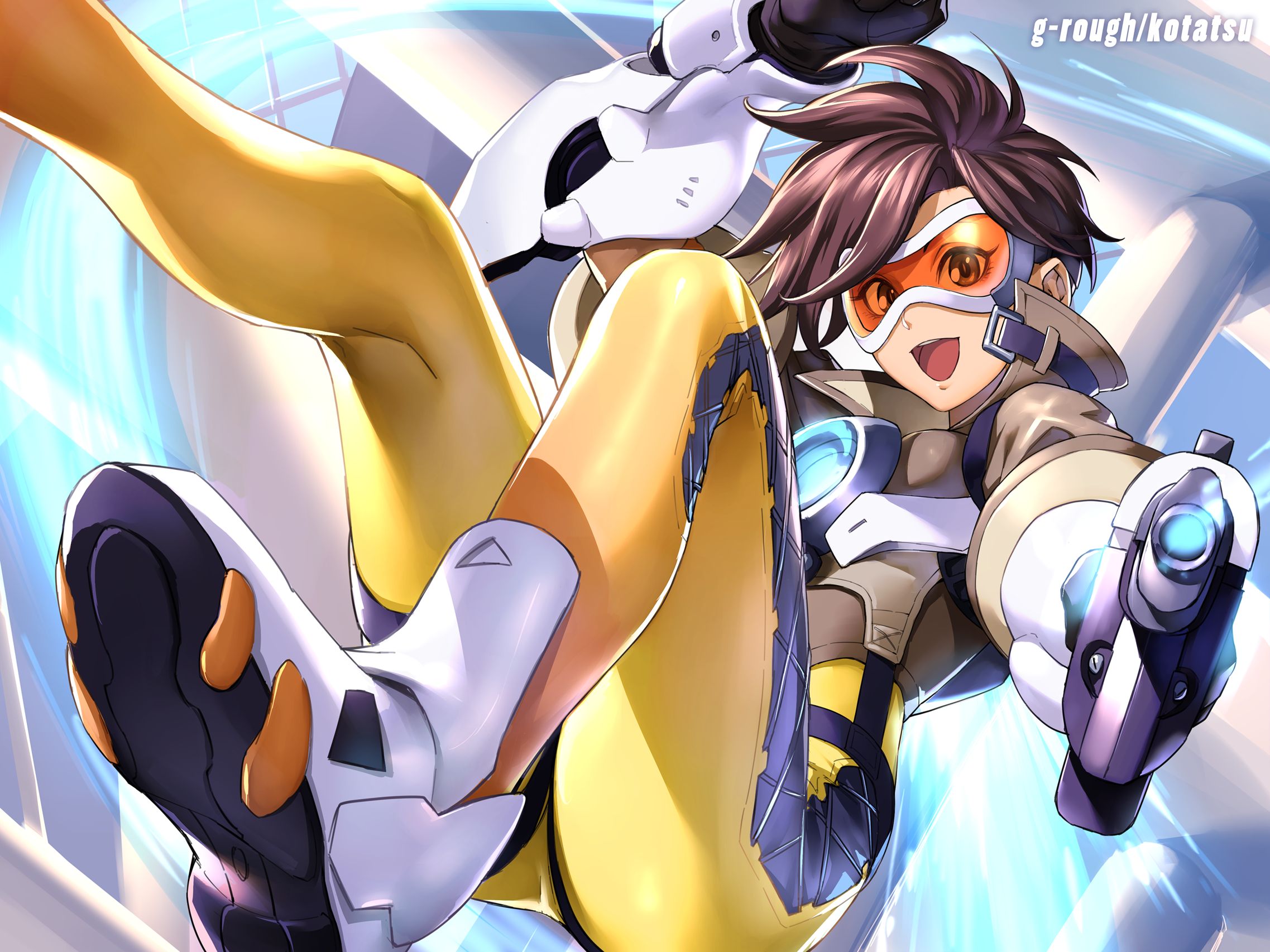 overwatch, tracer (overwatch), video game, brown hair, goggles, gun, short hair, smile, weapon cellphone