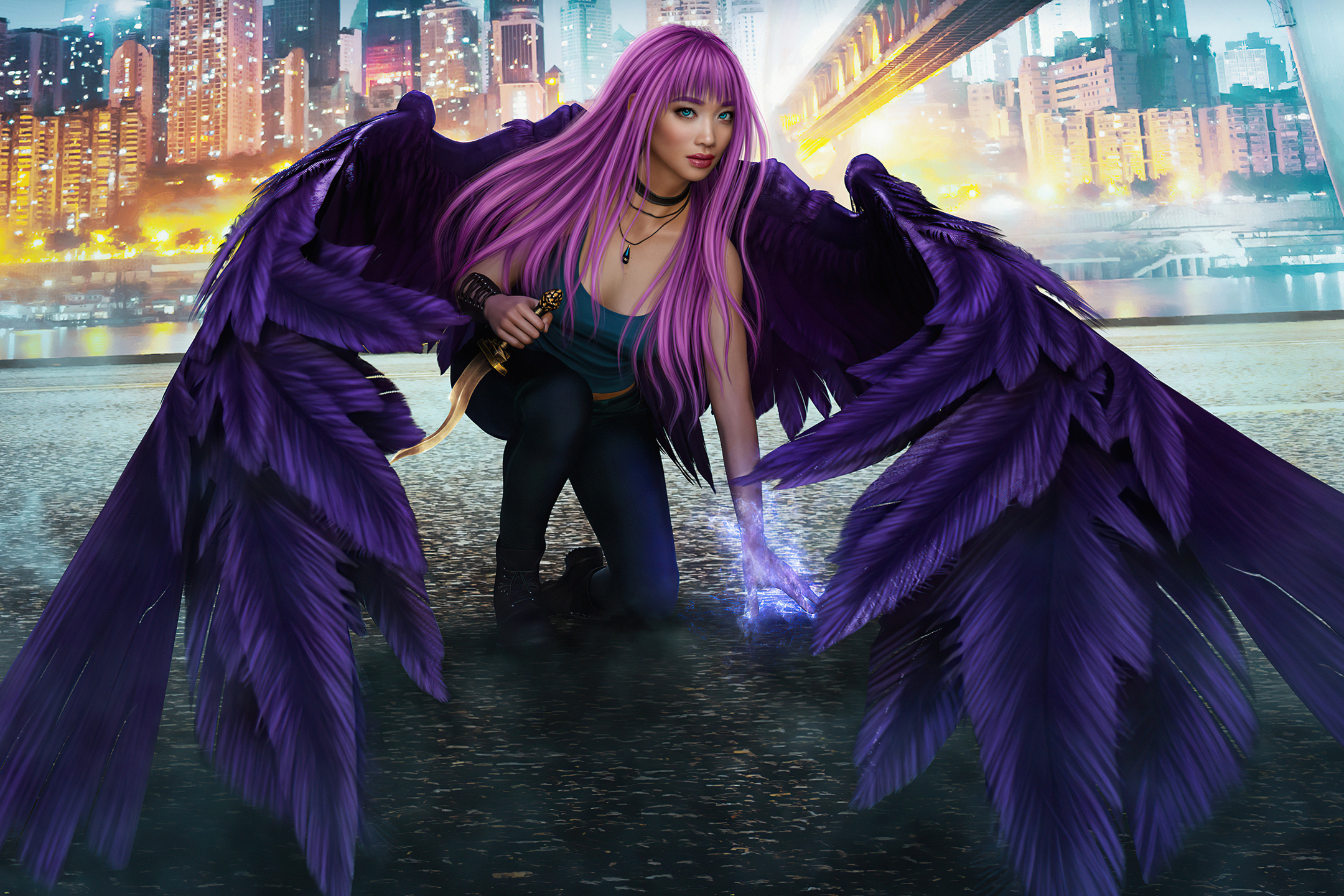 Download mobile wallpaper Fantasy, Wings, Angel, Pink Hair, Long Hair for free.