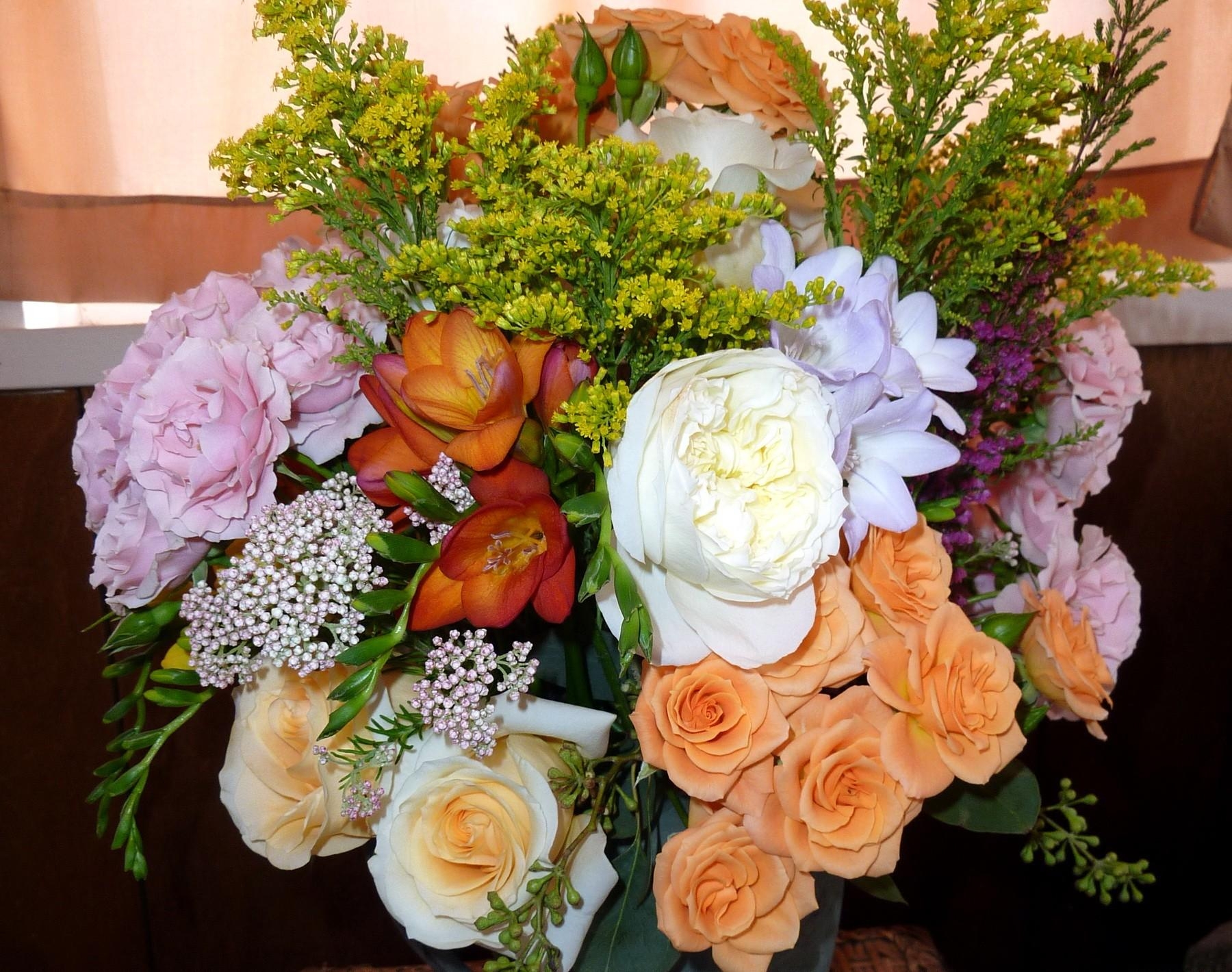 flowers, roses, peonies, greens, bouquet, composition, freesia