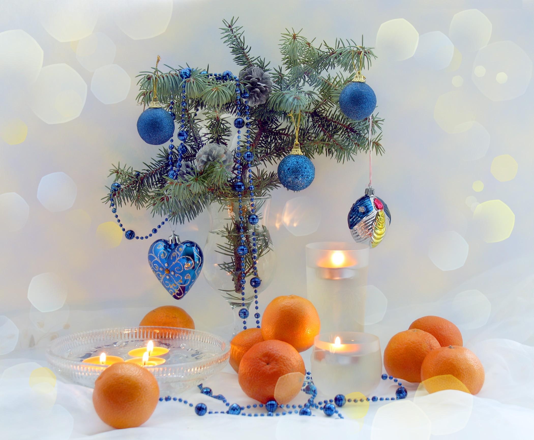 holidays, christmas decorations, candles, new year, tangerines, holiday, branch, christmas tree toys Full HD