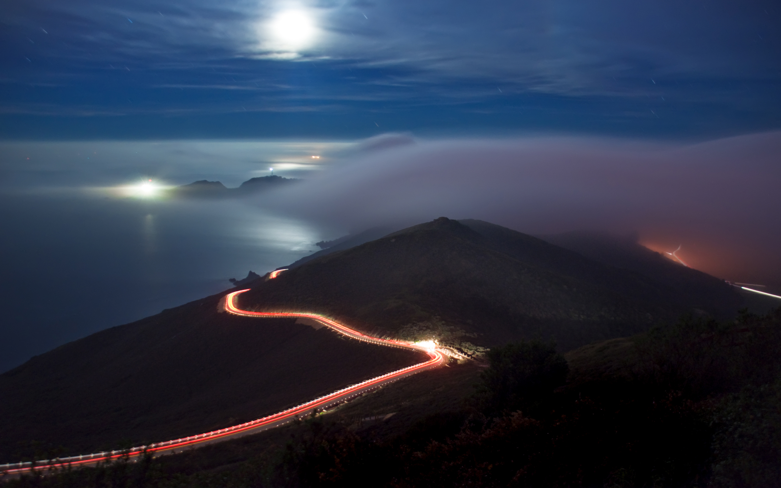road, man made, california, fog, night, time lapse