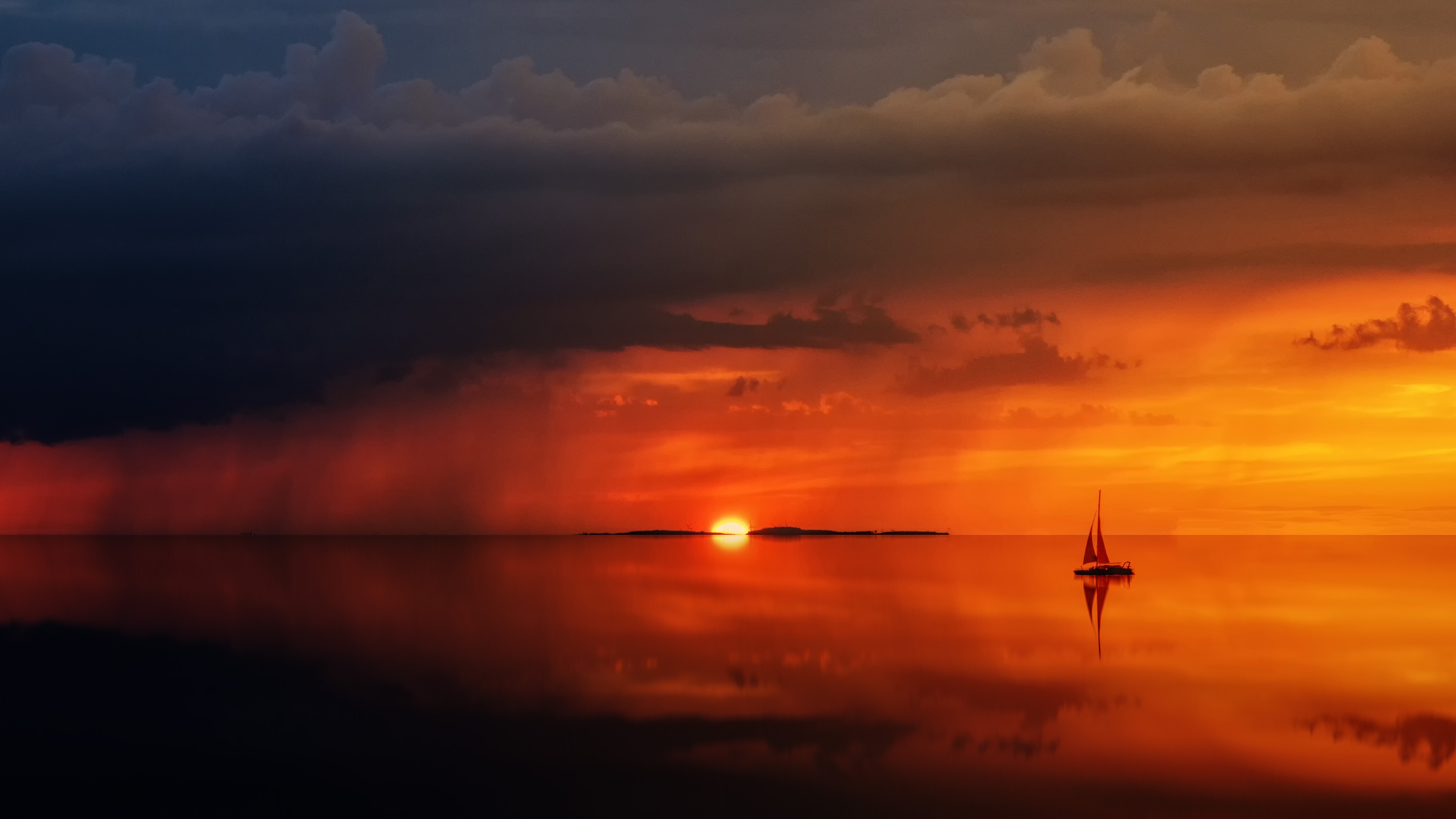 lonely, nature, sunset, sea, clouds, horizon, sail, alone 5K