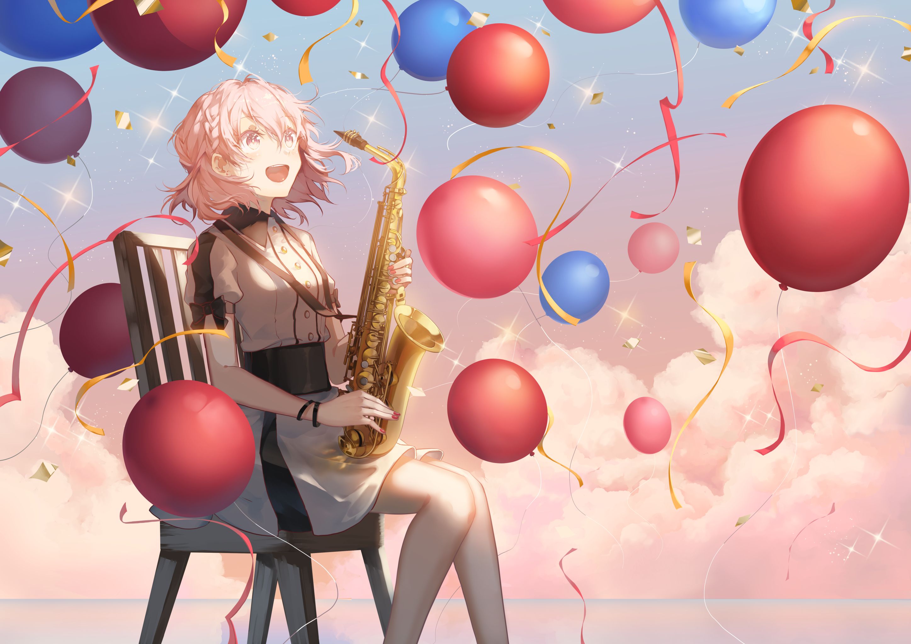 HD wallpaper anime, original, balloon, pink hair, saxophone, short hair