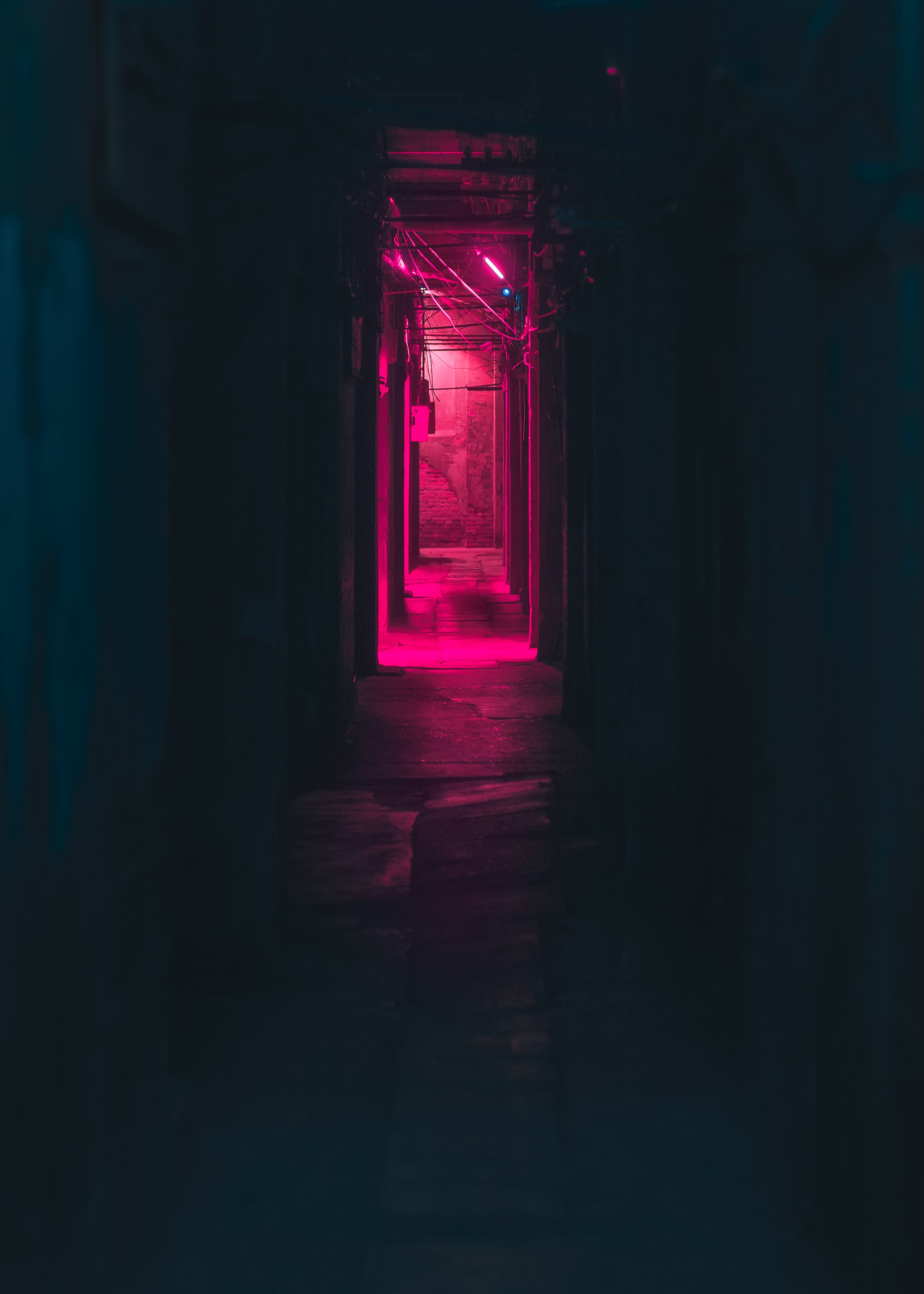 pink, neon, dark, corridor, shine, light