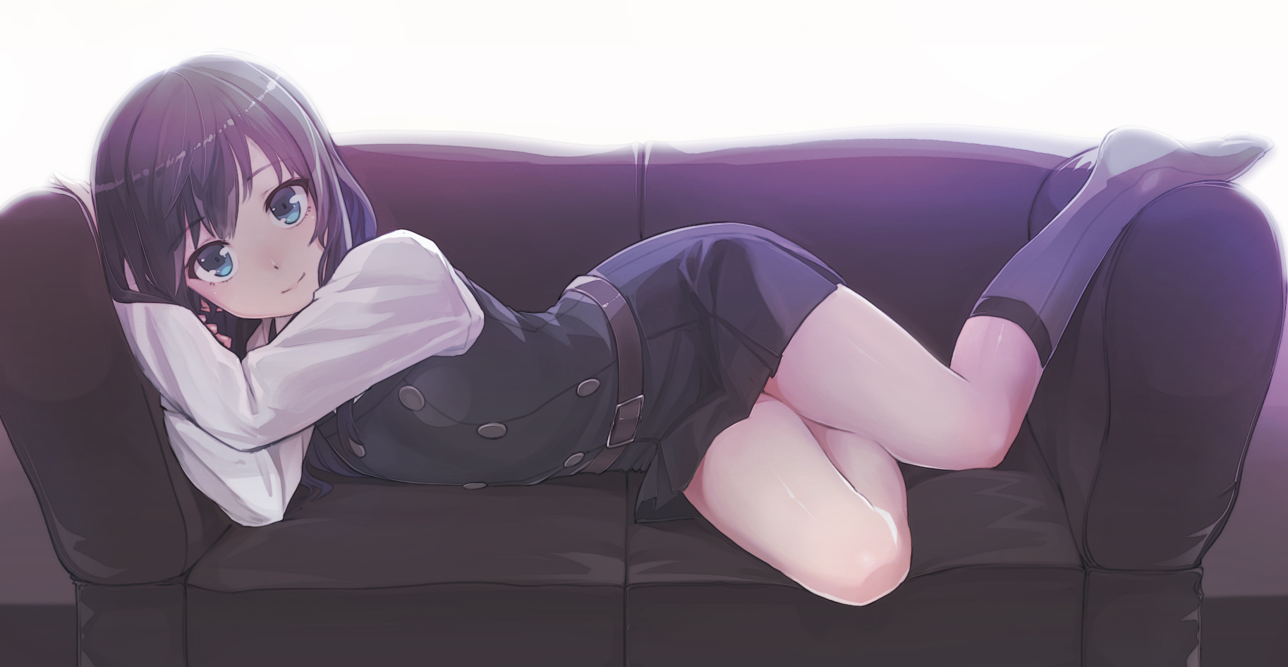 anime, kantai collection, asashio, blue eyes, couch, long hair, purple hair, skirt High Definition image