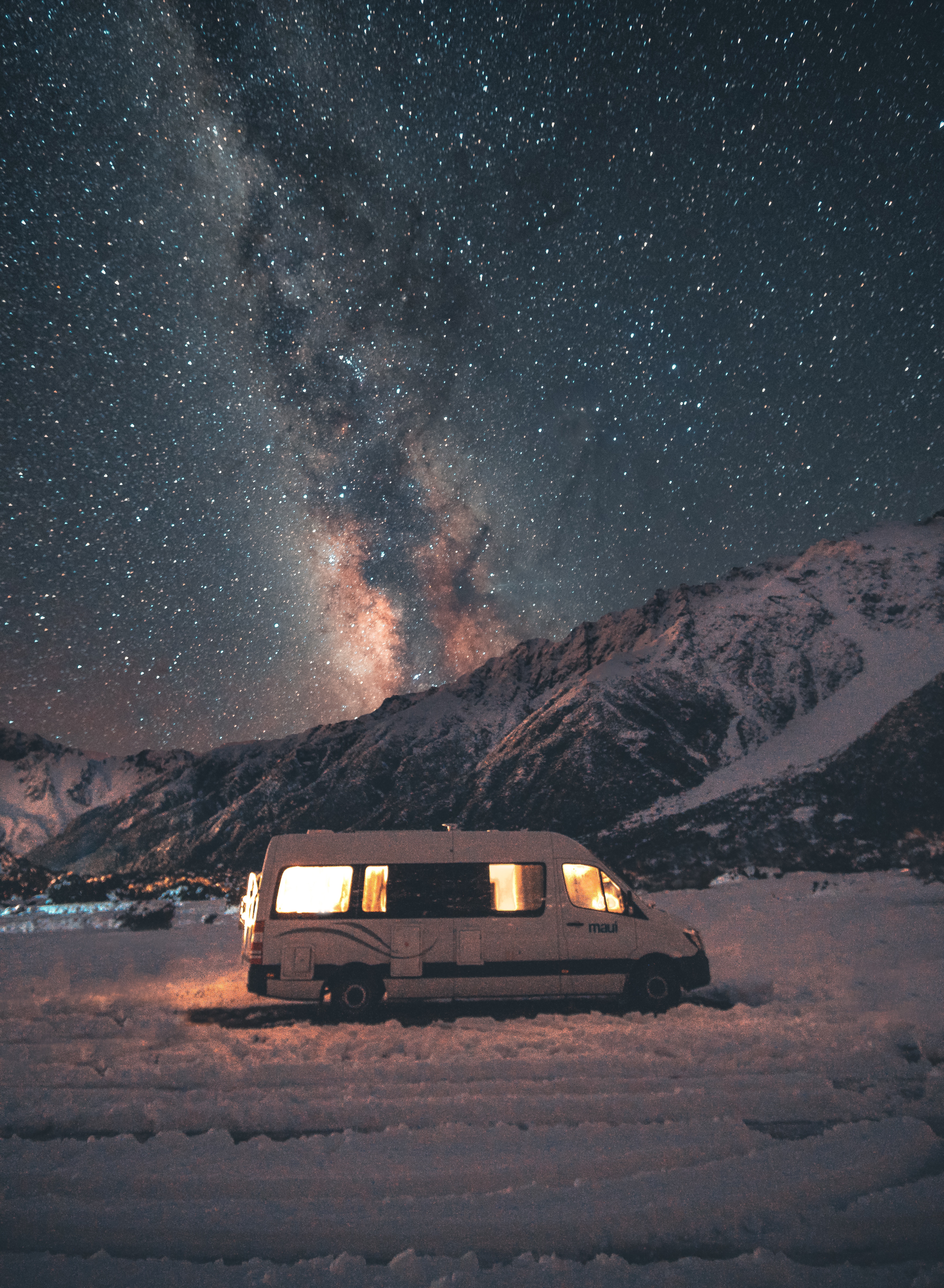 Download mobile wallpaper Starry Sky, Van, Nature, Mountains, Journey, Night, Landscape for free.