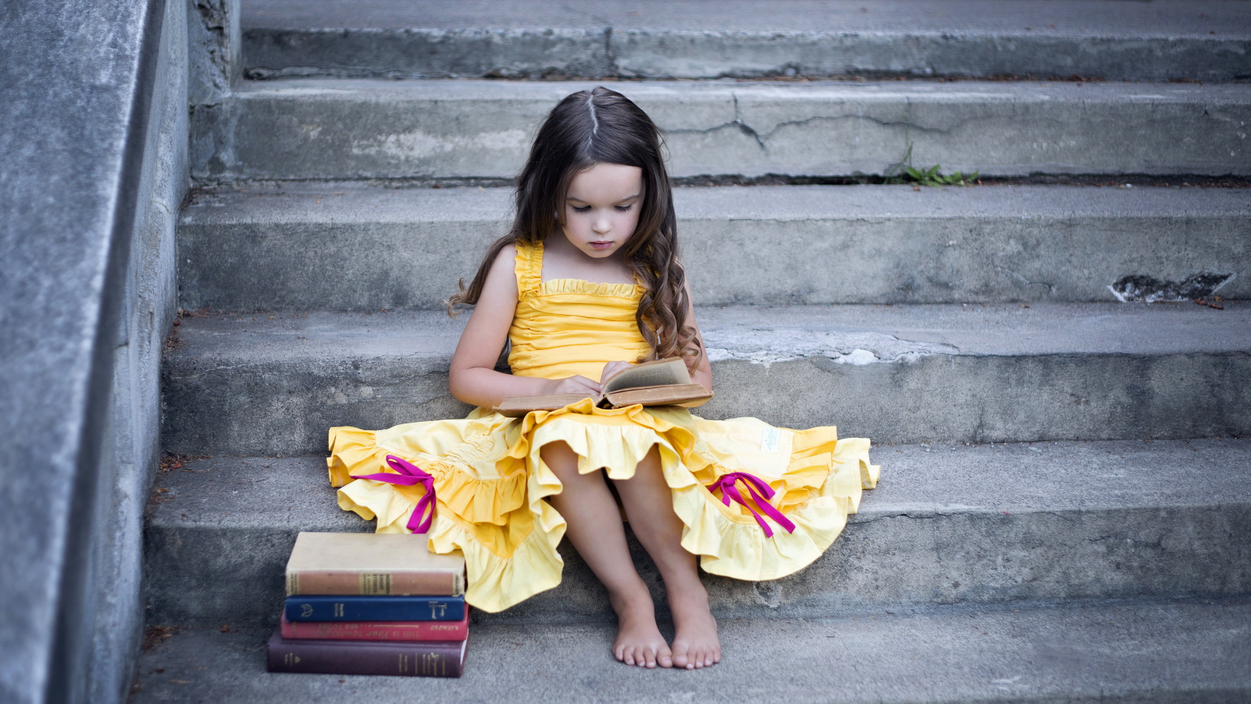 vertical wallpaper little girl, photography, child, book, brunette, stairs, yellow dress
