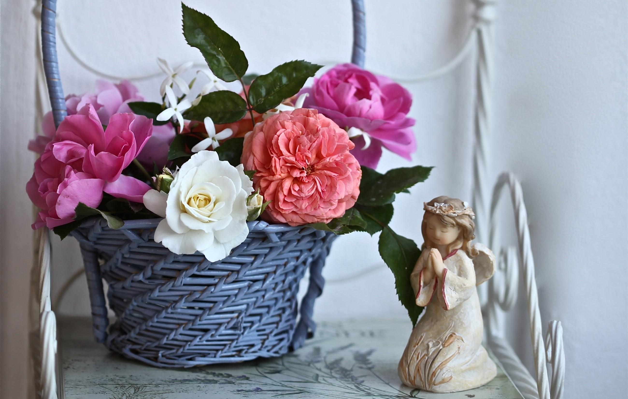 Download mobile wallpaper Basket, Figurine, Angel, Roses, Flowers for free.