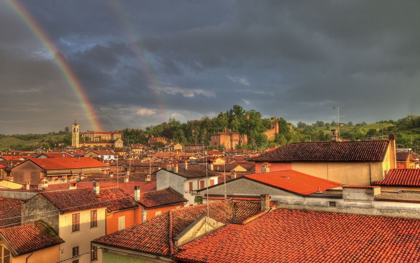Free download wallpaper Rainbow, Building, Roof, Roofs, Cities on your PC desktop