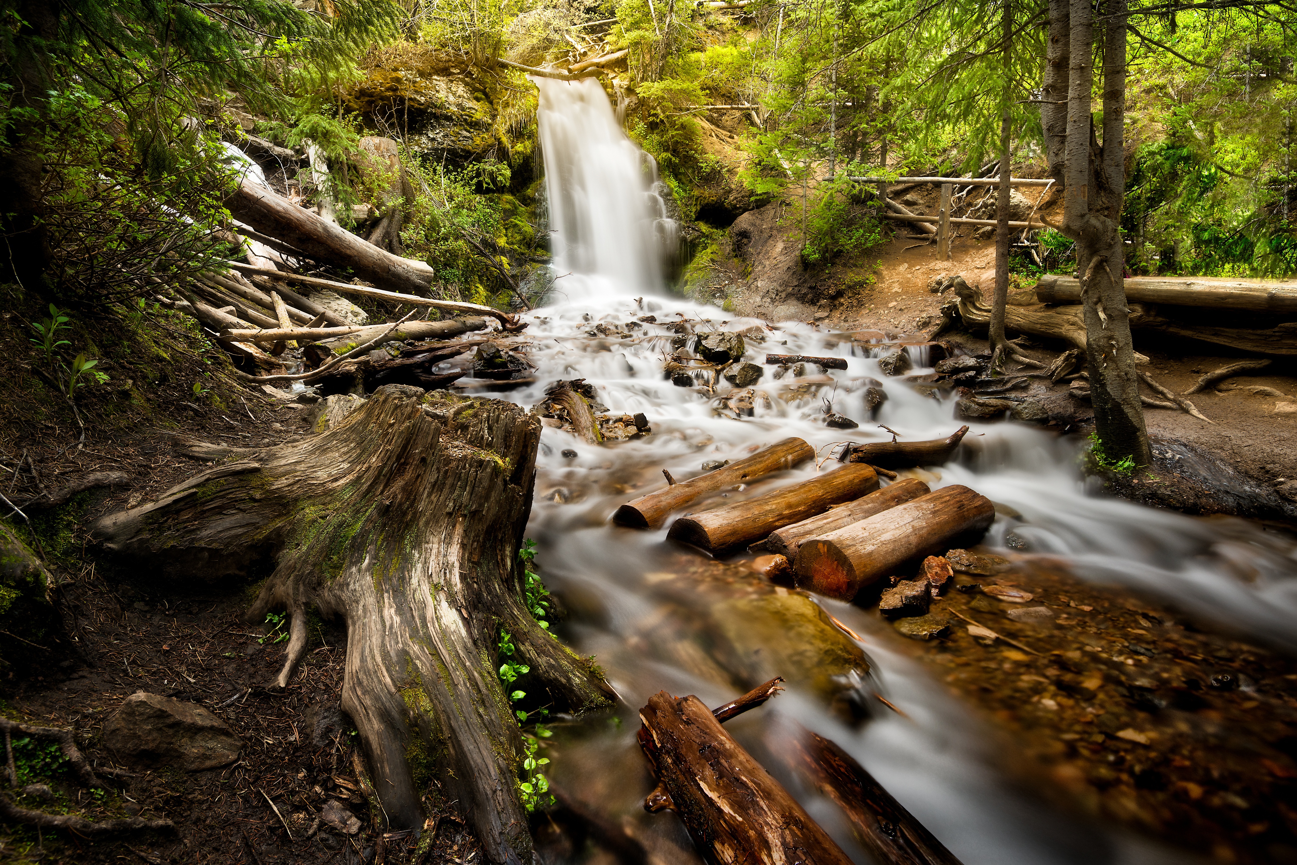 earth, waterfall, log, nature, stream, waterfalls